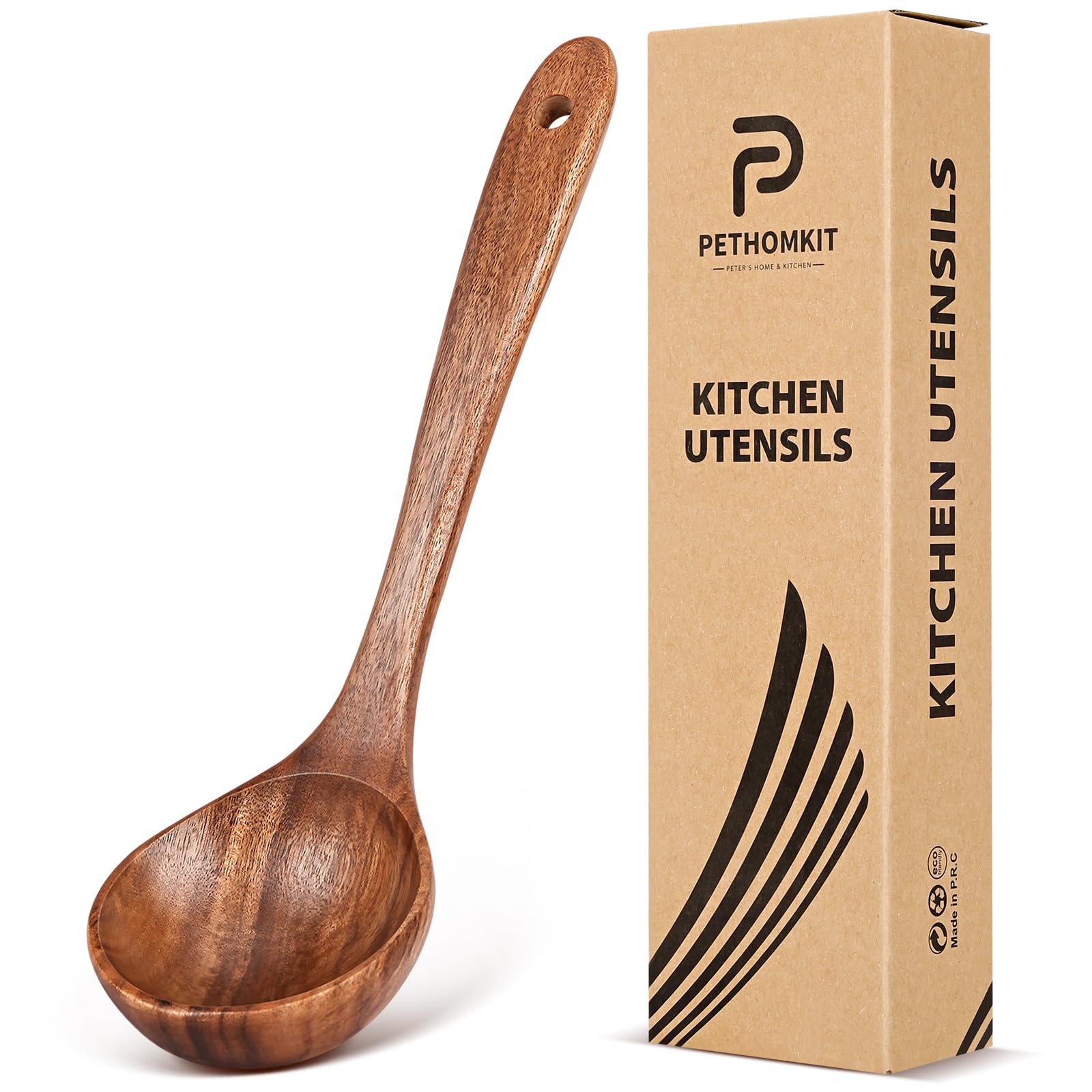 Wooden Soup Spoon for Cooking, Teak Acacia Soup Ladle, Non-Toxic Natural Wood Serving Spoon for Gravy Sauce Porridge, Long Handle Deep Scooper Server Utensil, No-Scratch Cookware Surface,10.6?