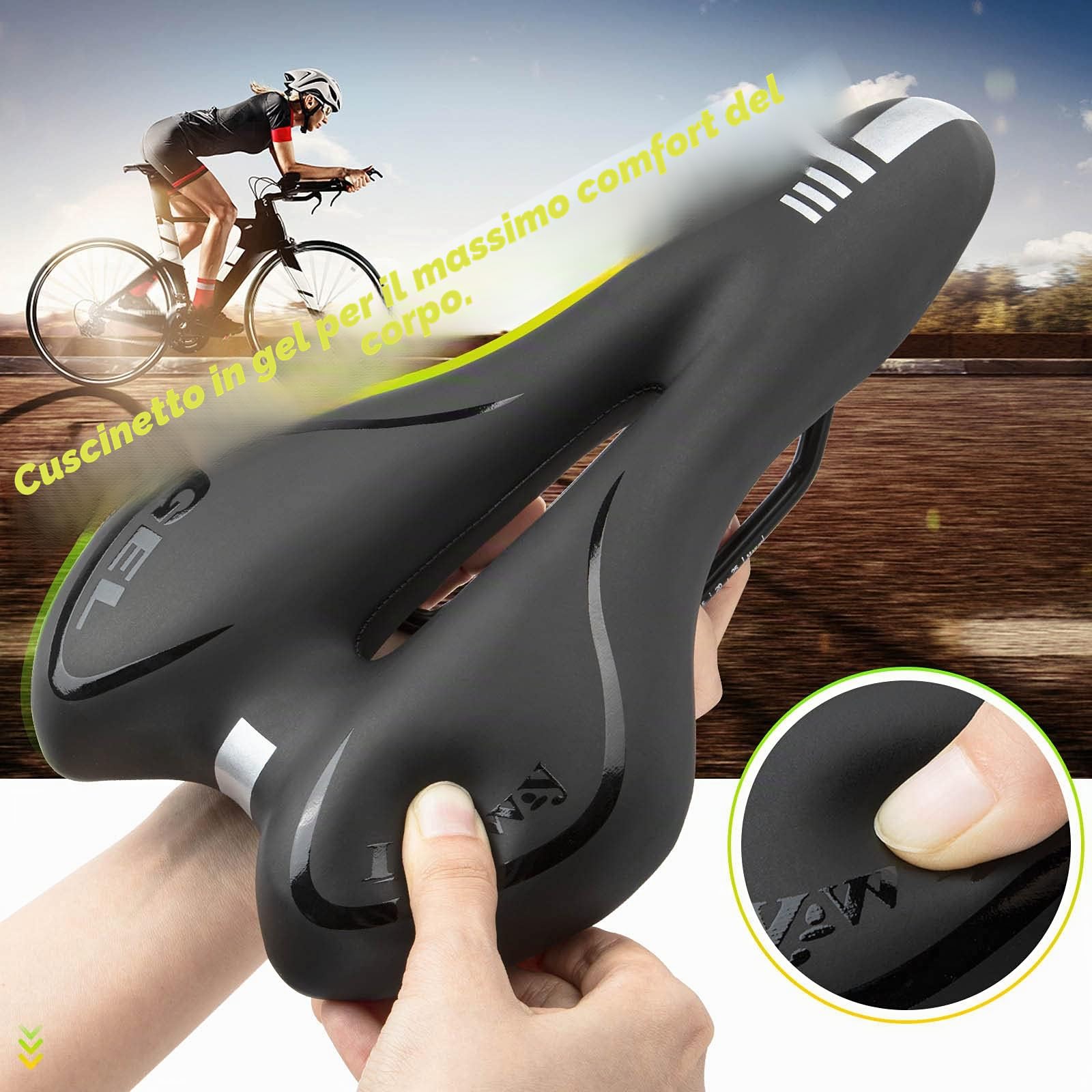 LERWAY Sella Bicicletta MTB, Sella Bici MTB, Nero Sedile Bici Strada Ciclismo BMX, Traspirante Sella Bici in PU Pelle, Impermeabile Sella Velo Confortevole Hollow Riflettente Bike Saddle
