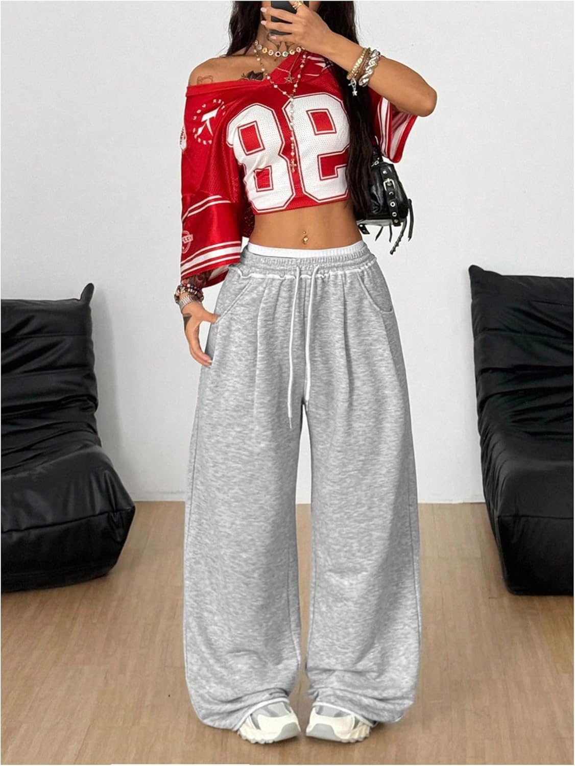 Verdusa Women's Wide Leg Baggy Pants Lightweight Sweatpants Drawstring Waist Long Trousers - Image 5