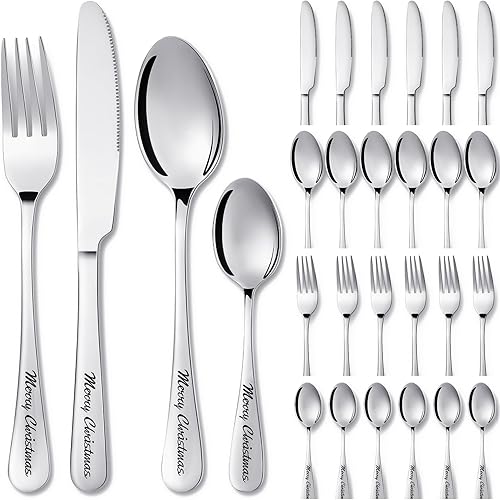 Tioncy Juego de cubiertos de Navidad de 24 piezas de acero inoxidable, tenedores, cuchillos y cucharas, juego de cubiertos de Navidad para el hogar,