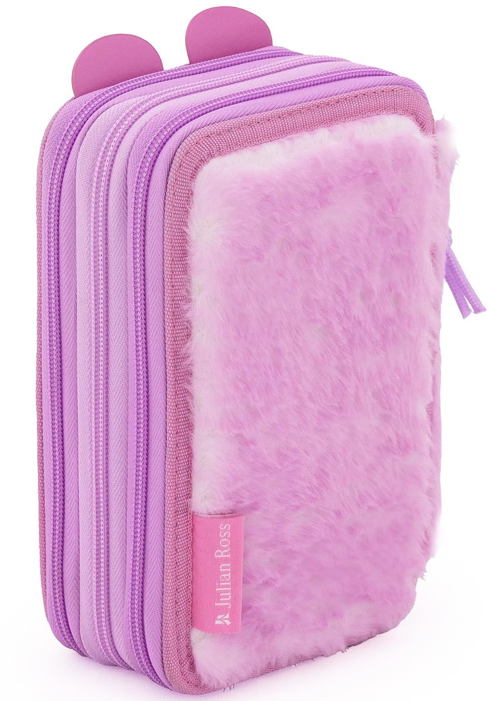 Julian Ross Astuccio 3 Scomparti Fluffy 45 Pezzi, Penne Gel Cancellabili, Colla, Forbici, Pastelli 4.0, 3 Zip, Bambina, Scuola, Orsetto Rosa