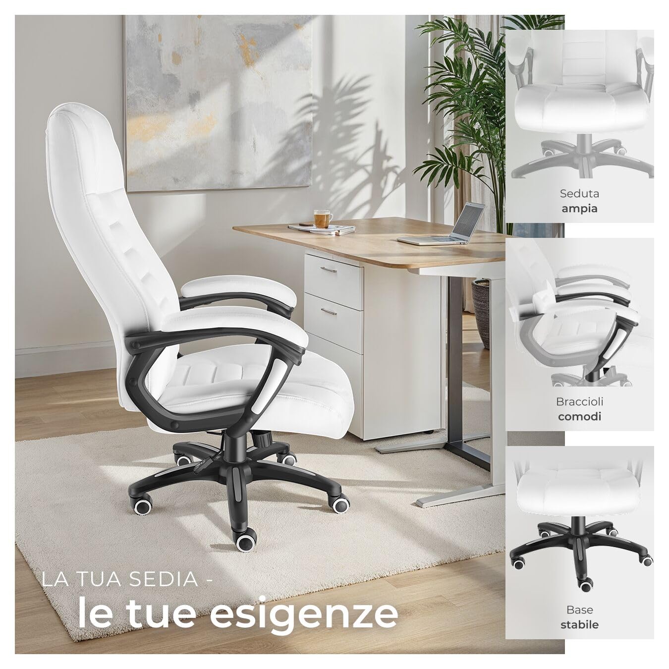 tectake® Sedia Ufficio, Imbottitura 12 cm, Sedia scrivania con Poggiatesta e Braccioli, Base con Rotelle, Sedia ergonomica con altezza regolabile, Inclinazione Continua, Poltrona Ufficio - Bianco