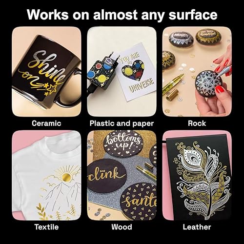 Miniatura 5 de VHEONET Bolígrafos de pintura acrílica, paquete de 12 (3 negro, 3 blanco, 3 dorados, 3 plata), 0.118in, marcadores de pintura permanentes,