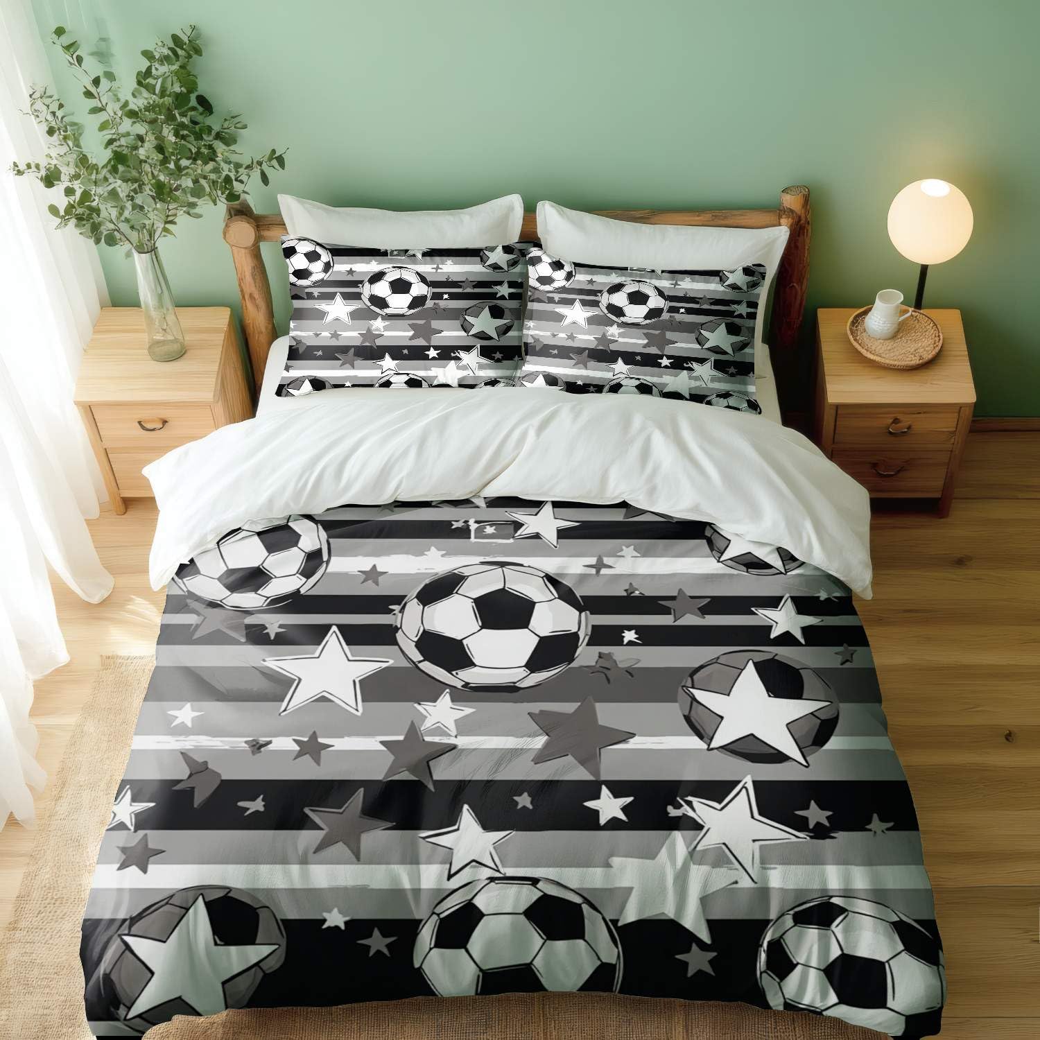 Parure de lit football 3 pièces pour lit simple avec housse et taies vagues d'étoiles noir et blanc