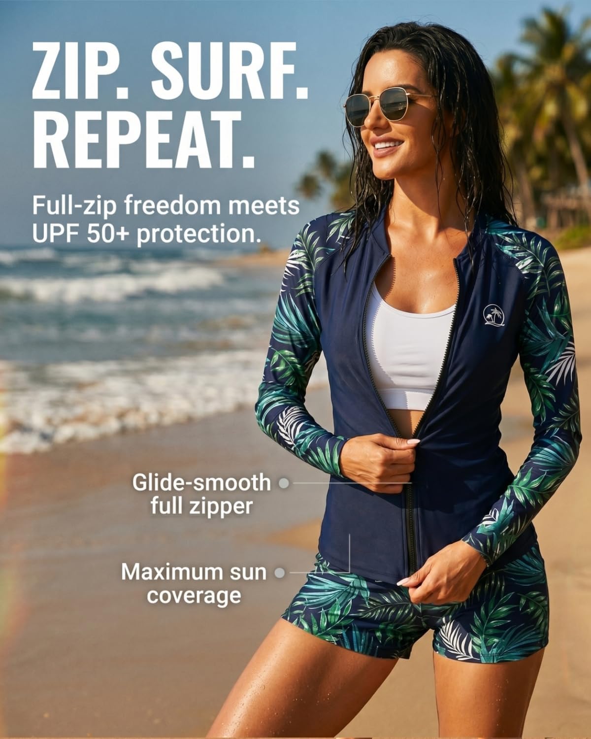 Holipick 2 Piece Rash Guard for Women - Long Sleeve Swimsuit with Shorts UPF 50+ Zipper Swim Shirt