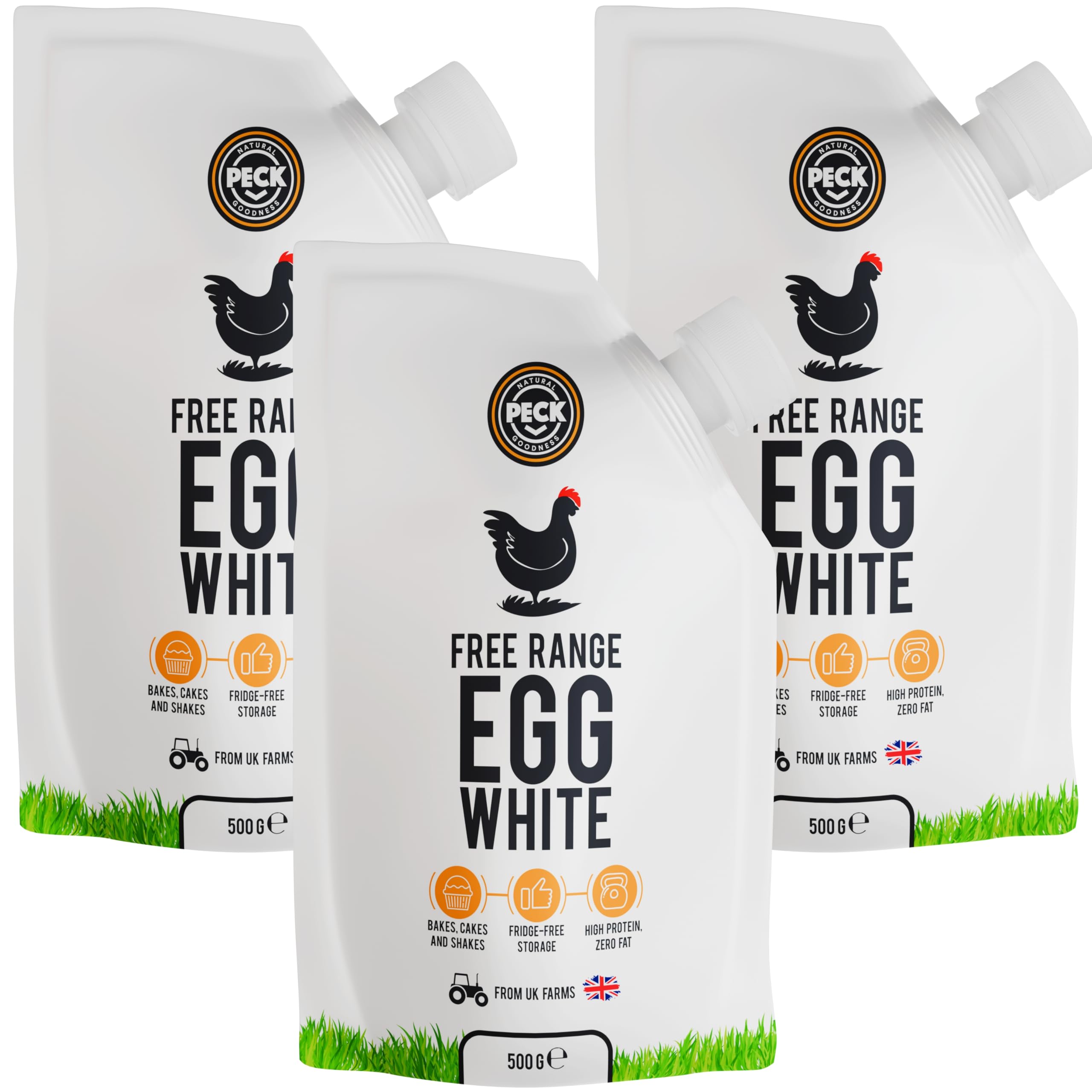 Peck Free Range Egg Whites Liquid 3 x 500ml Pouches | 15 UK Free Range Egg Whites Per Pouch | from UK Farms & in a Resealable Pouch | High Protein | for Baking, Shakes, Omelettes & Cocktails