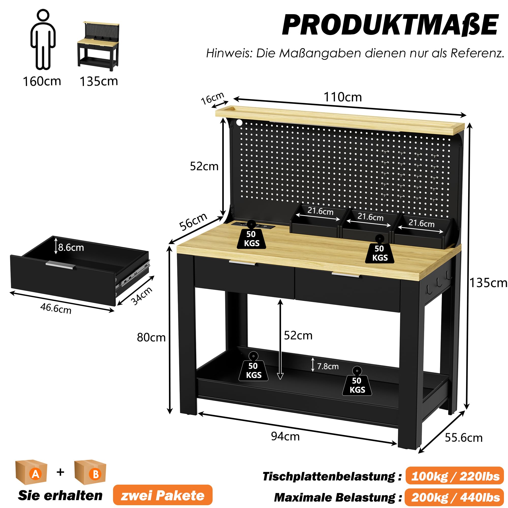 Werkbank mit LED-Arbeitsleuchte und Steckdose, Werktisch mit 2 Schubladen,Lochrückwand & DREI Ablagefächer Werkzeugbank Multifunktionstisch für Garage Werkstatt, 200KG Belastbarkeit 56x110x135CM