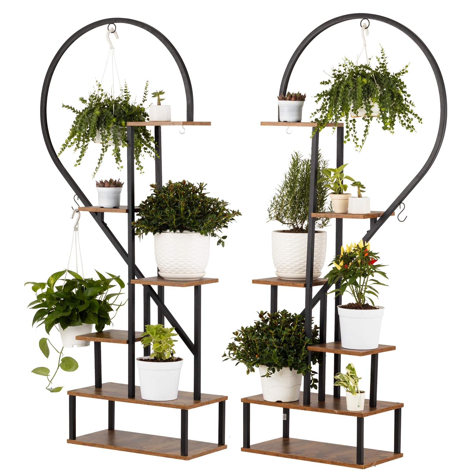 Supporto per piante in metallo, a 4 livelli, a forma di cuore, con 6 supporti per piante, per interni ed esterni, per balcone, soggiorno, giardino, colore nero