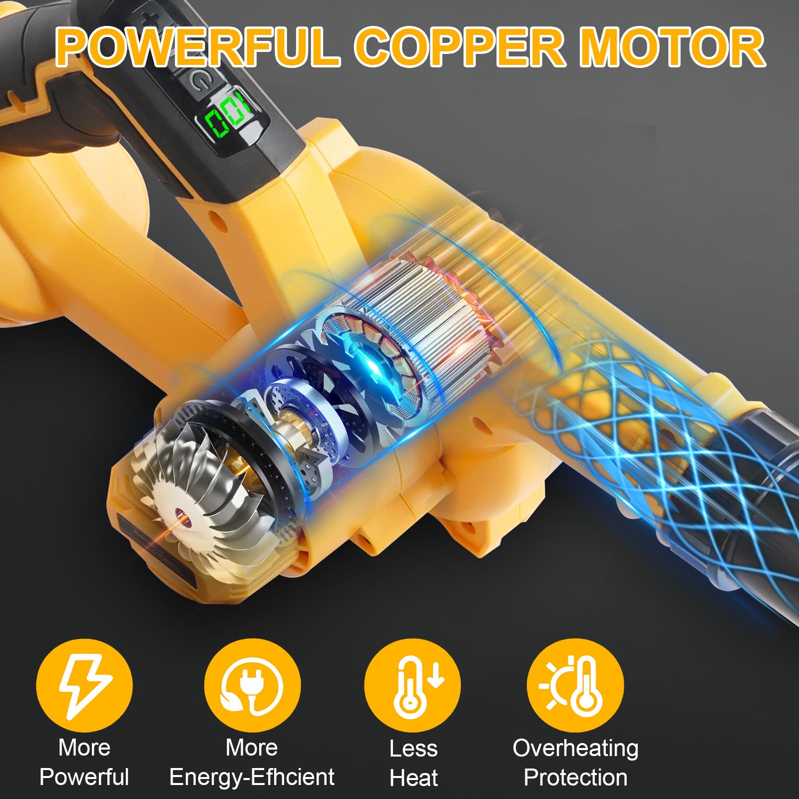Powarobor Souffleur à Feuilles sans Fil Compatible avec DeWalt 18 V Les Batteries DCB180-201 (Outil Seulement, sans Batterie/Chargeur, 18,500 TR/Min, 3,5 m³/Min, Affichage LED,1,54 kg)
