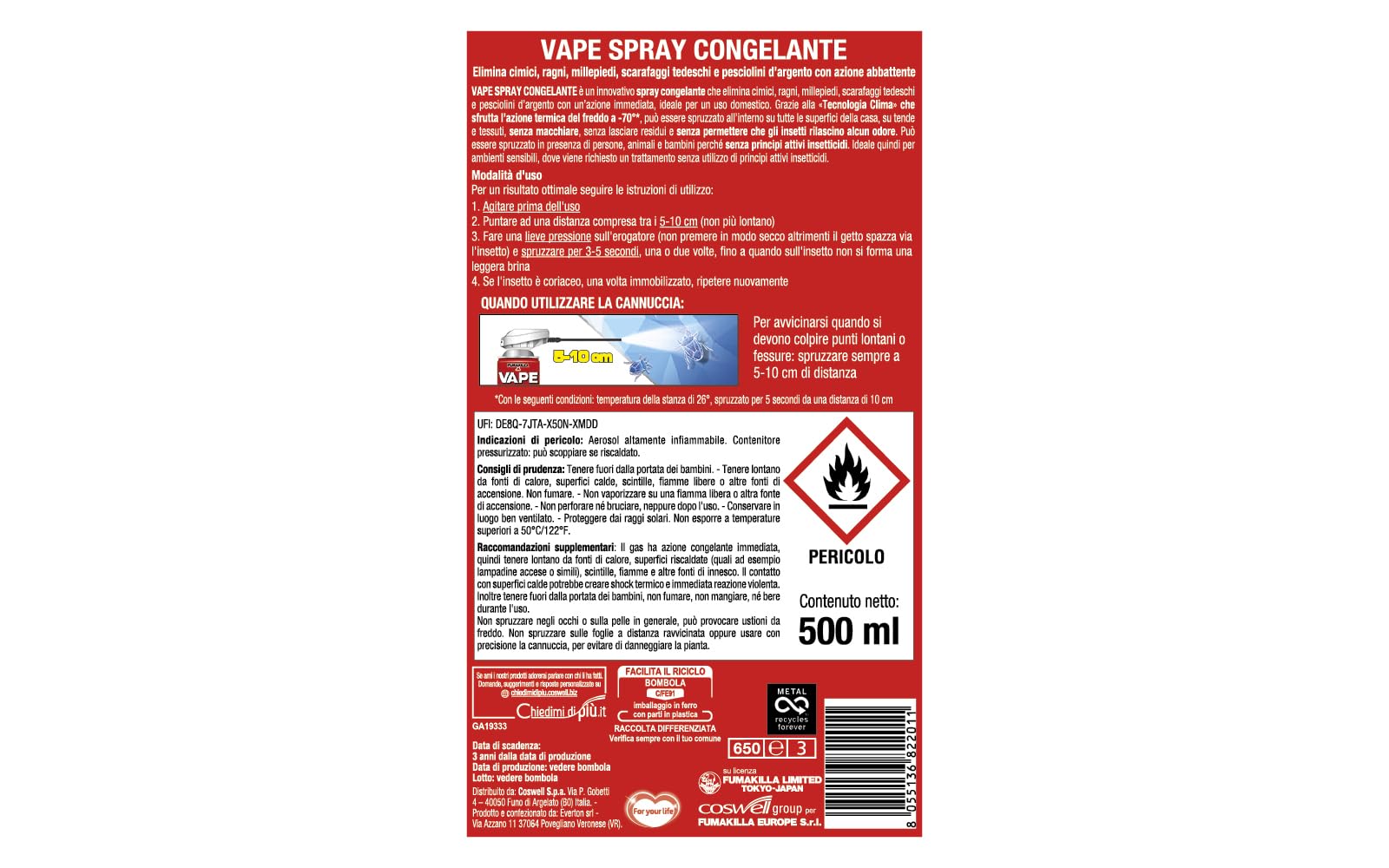 Spray Congelante Insetticida -70°C 500 ml Elimina Cimici Ragni Scarafaggi