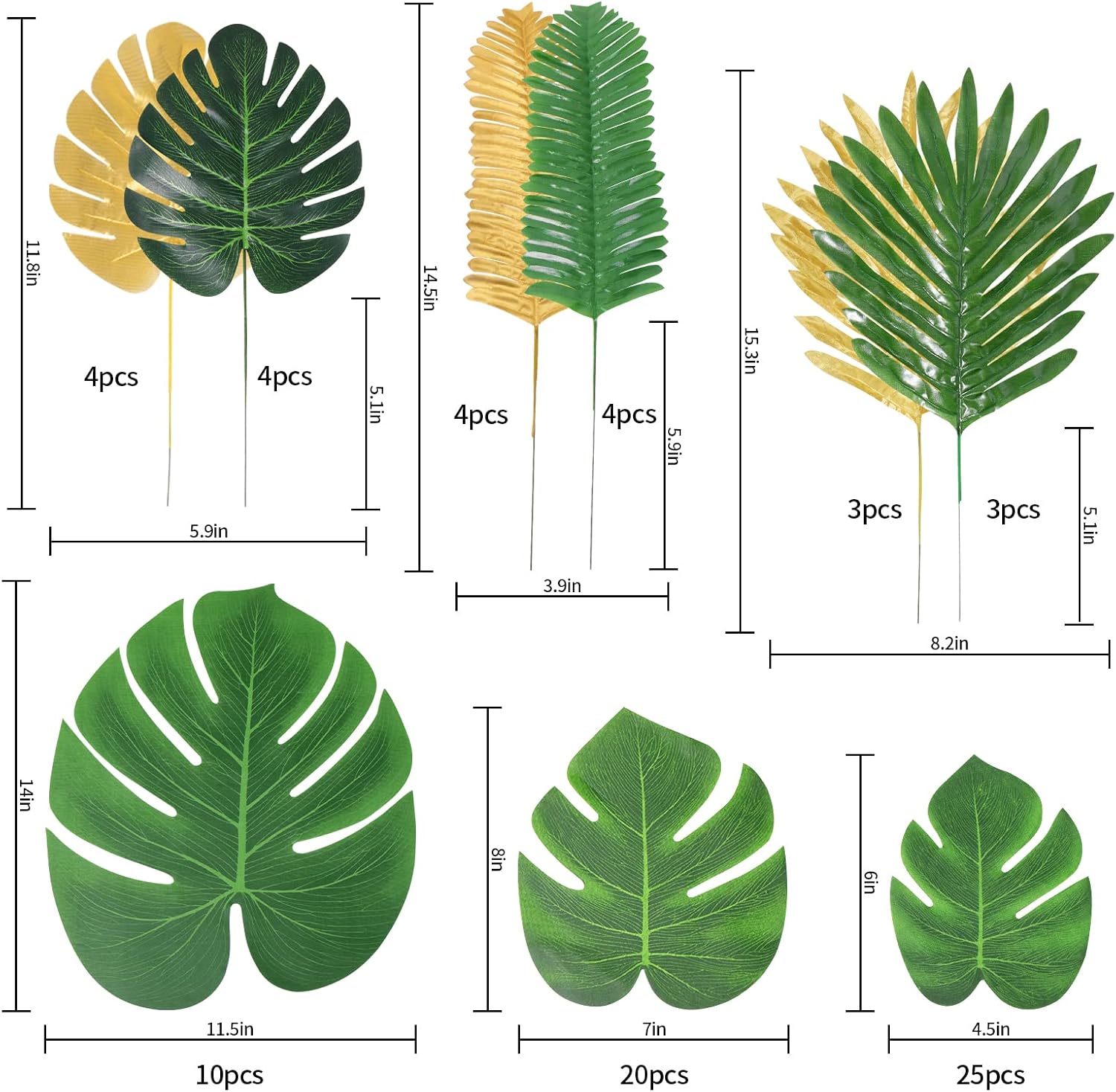Abzo 77 Pieces 9 Kinds Artificial Palm Leaves for Tropical Party Decorations Golden Tropical Leaves with Stems Jungle Leaves Decoration Hawaiian Party Beach Baby Shower Wedding Birthday Decorations