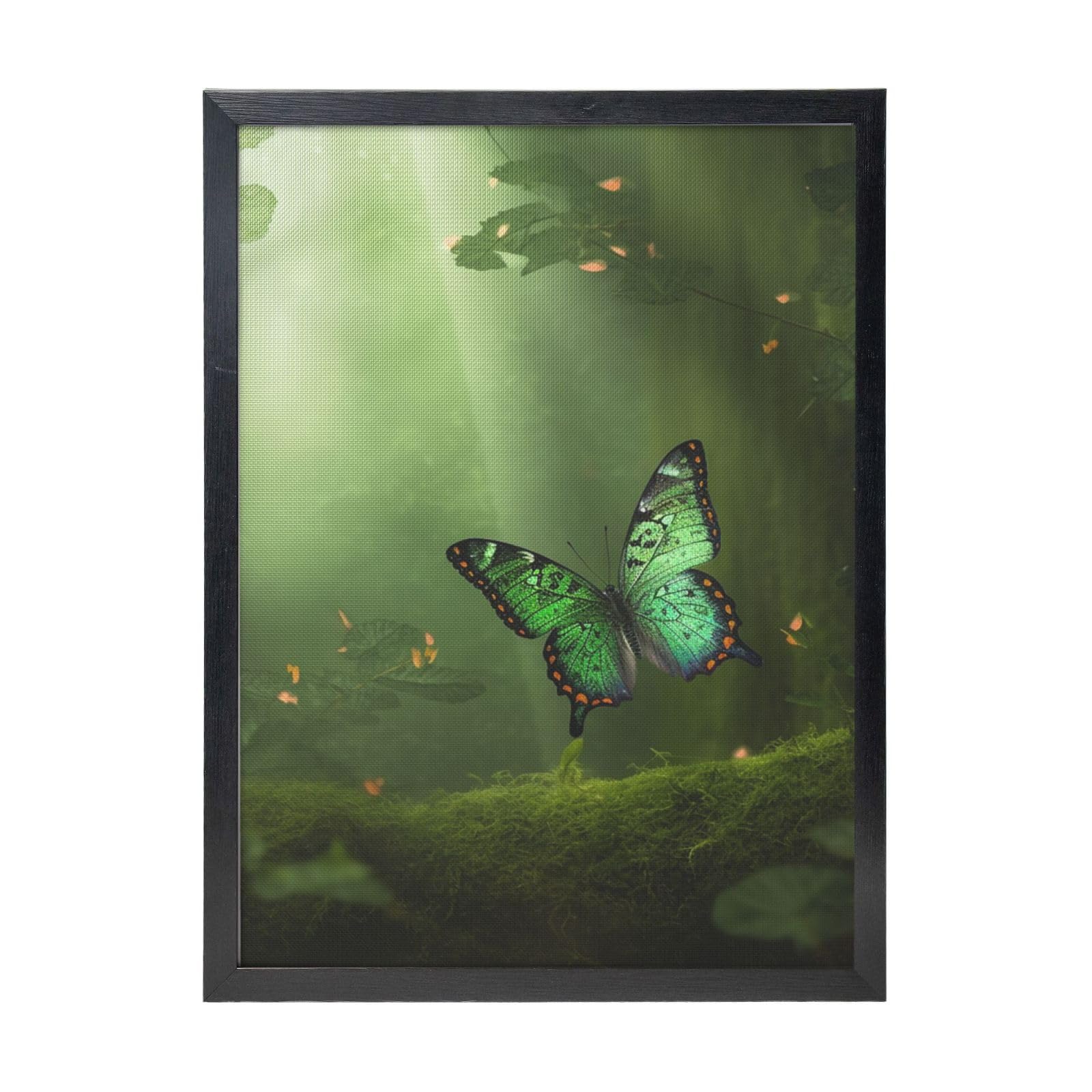 Framed Wall Art - Decorative Canvas Painting Green Forest Butterfly Pictures Poster Aesthetic Modern Prints Artwork for Bedroom Office Wall Decor Ready To Hang 12x16 in