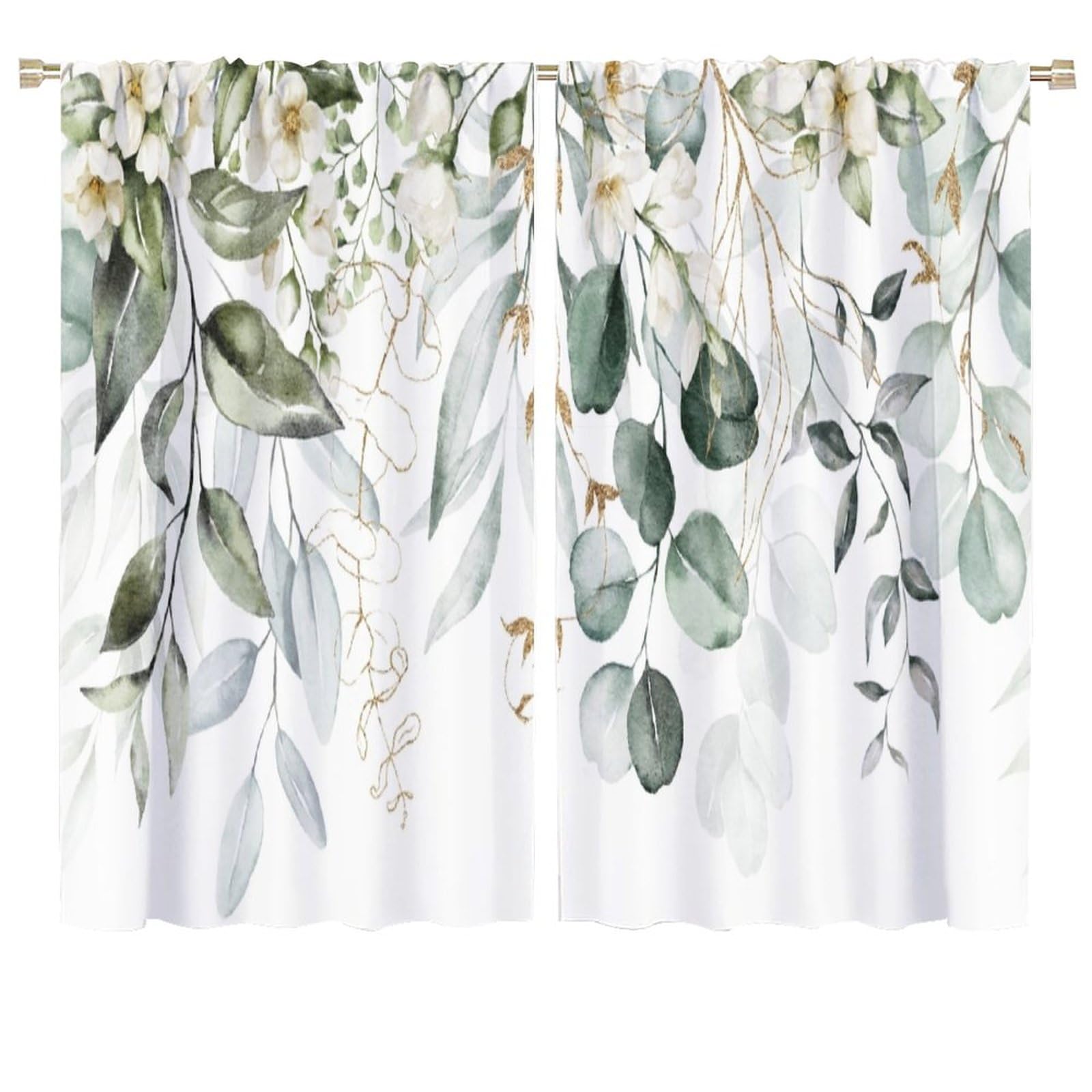 Green Eucalyptus Leave Curtains Watercolor Floral Spring Botanical Blackout Print Rod Pocket Window Drapes for Bedroom Living Room 72x63in