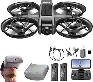 VR FPV Drone with VR Goggles, One Key Takeoff/Landing, APP Control, Brushless Motor, Dual Batteries, Beginner-Friendly Quadcopter with Propeller Guards, Altitude Hold, Optical Flow Positioning, Dual Cameras & LED Night Lights, a first-person view