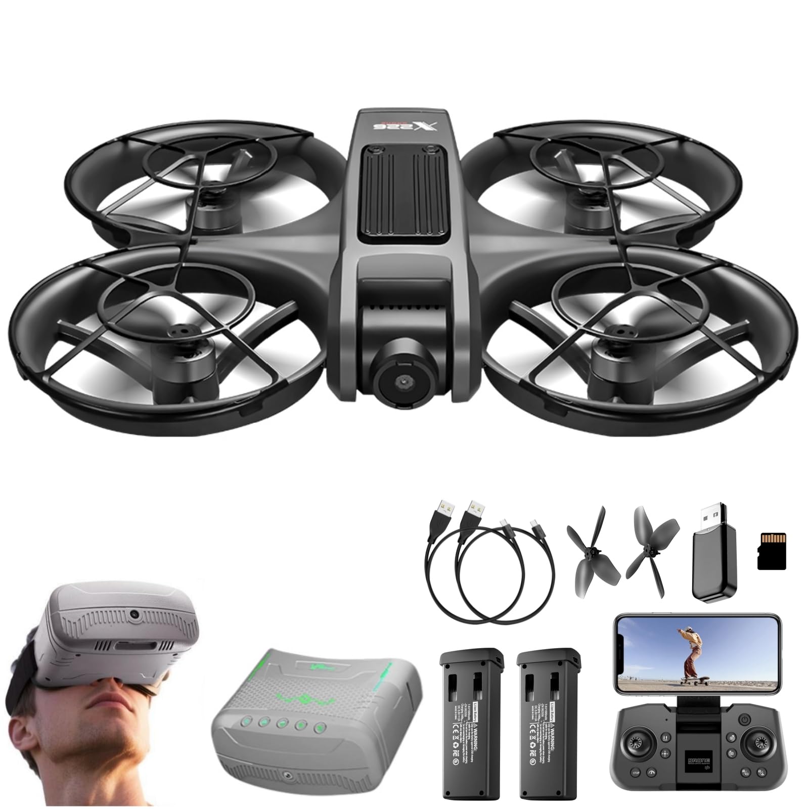 VR FPV Drone with VR Goggles, One Key Takeoff/Landing, APP Control, Brushless Motor, Dual Batteries, Beginner-Friendly Quadcopter with Propeller Guards, Altitude Hold, Optical Flow Positioning, Dual
