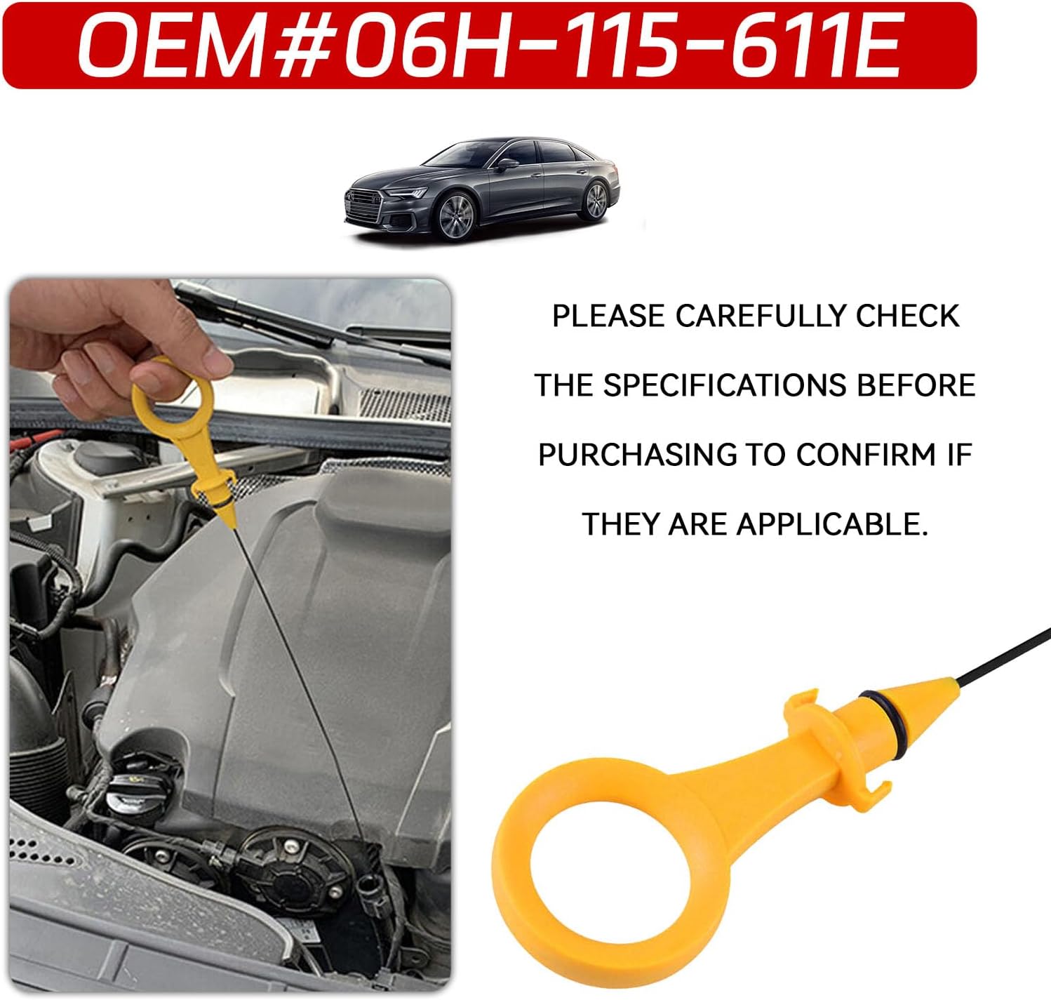 Engine Oil Dipstick, Dip Stick for Checking Oil, Oils Fluid Dipstick Replacement OEM #06H-115-611E for Audi A4 Q5 A5 Q3 A3 TT Quattro 2.0T Engine, Car Dipsticks Fluid Level Indicator (Black)