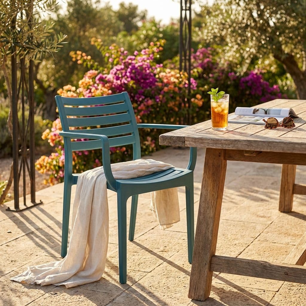 milani home - poltrona da giardino in polipropilene, petrolio, con braccioli, per esterno e sala da pranzo