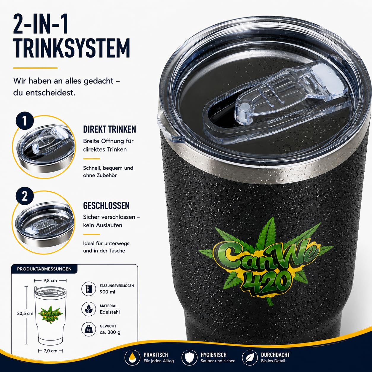 Thermo-Trinkbecher 900 ml [Doppelwandiger Edelstahl – 8 Std. heiß/12 Std. kalt] – auslaufsicherer Schiebedeckel – Becher für Auto & unterwegs – Farbe: Schwarz/Weiß/Olivgrün (Schwarz)