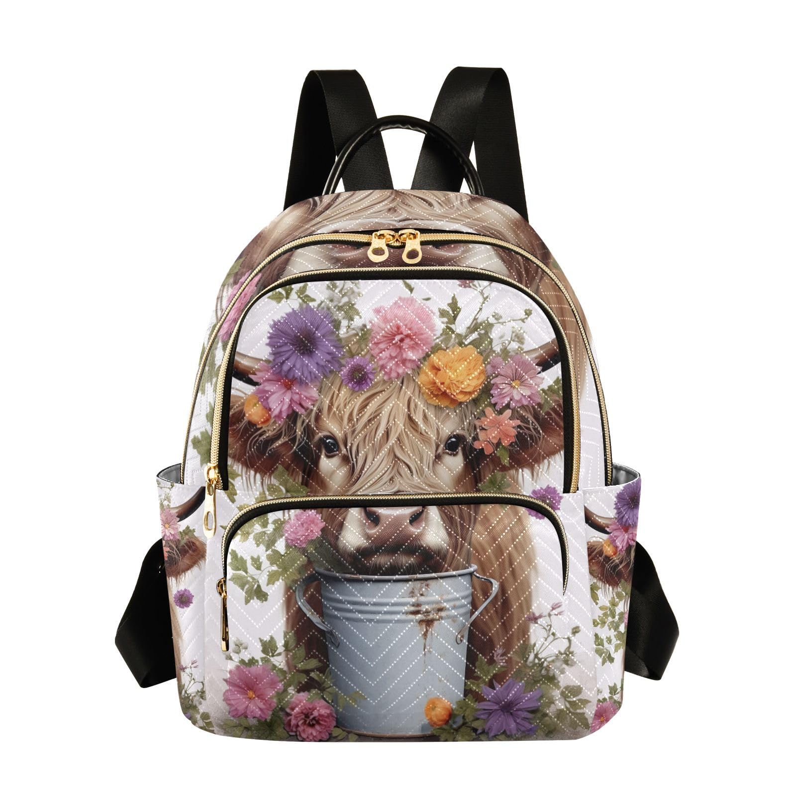 ODAWA Highlands Cow and Flowers Small Quilted Backpack for Women Women Small Backpack Cute Backpacks for Travel