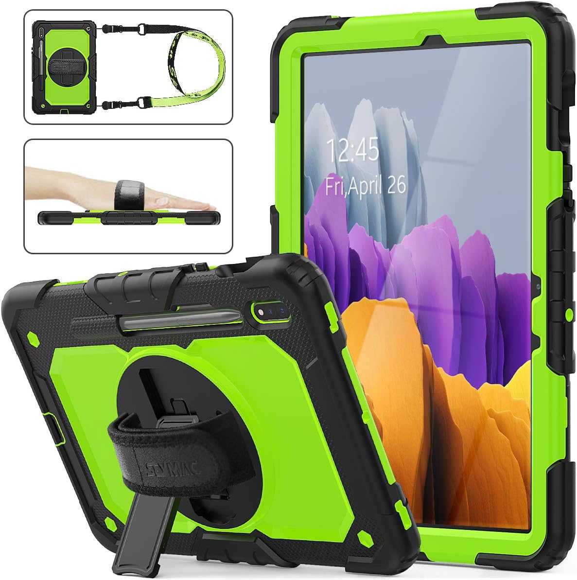 Hоlіdау Dеаlѕ 🛒 SEYMAC stock Samsung Galaxy Tab S7 Case 11'' with Screen Protector Pencil Holder [360 Rotating Hand Strap / Stand], Drop-Proof Case for Samsung Tab S7 11 Inch 2020 SM-T870/T875/T878 (Green+Black)