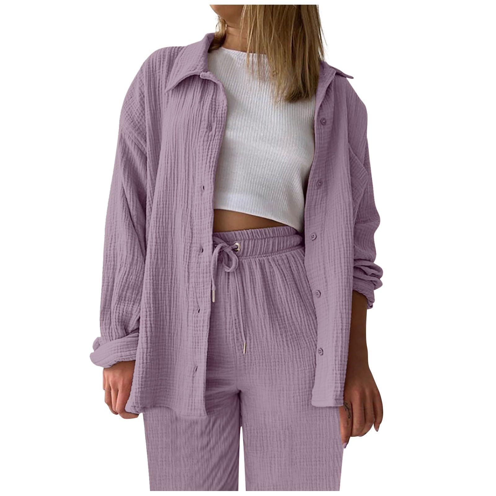 uhnmki Stylish Womens Trousers Suit Two Piece Outfit Wide Leg Blouse Comfortable Elastic Pants Sets Casual V Neck