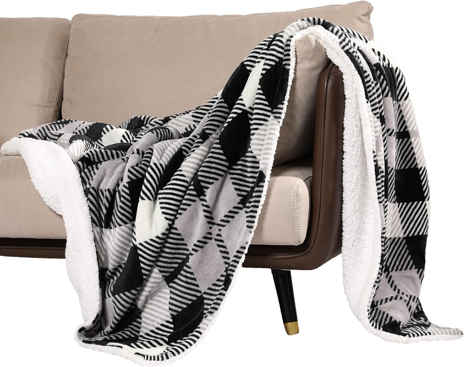 No Nonsense Products Black Sherpa Fleece Blanket Double Thick Ultra Soft Fluffy Throw & White Plaid 150Cm X 200Cm
