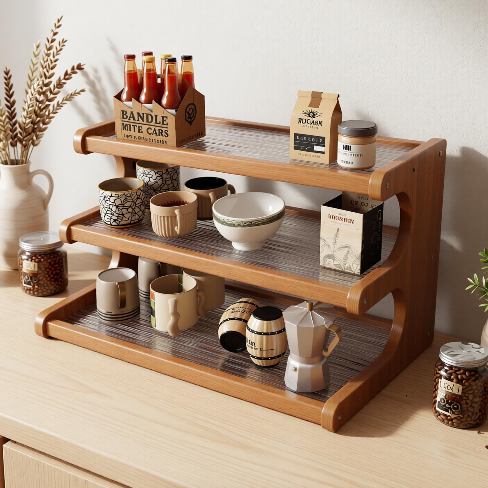 3 Tier Bamboo Mug Holder Countertop, Desktop Organizer Kitchen Spice Rack Storage Shelf, Coffee Station Organizers Mug Tea Cup Holder, Cabinet Rack for Home Office Kitchen Organizer (3 layers acrylic) - 3 layers acrylic