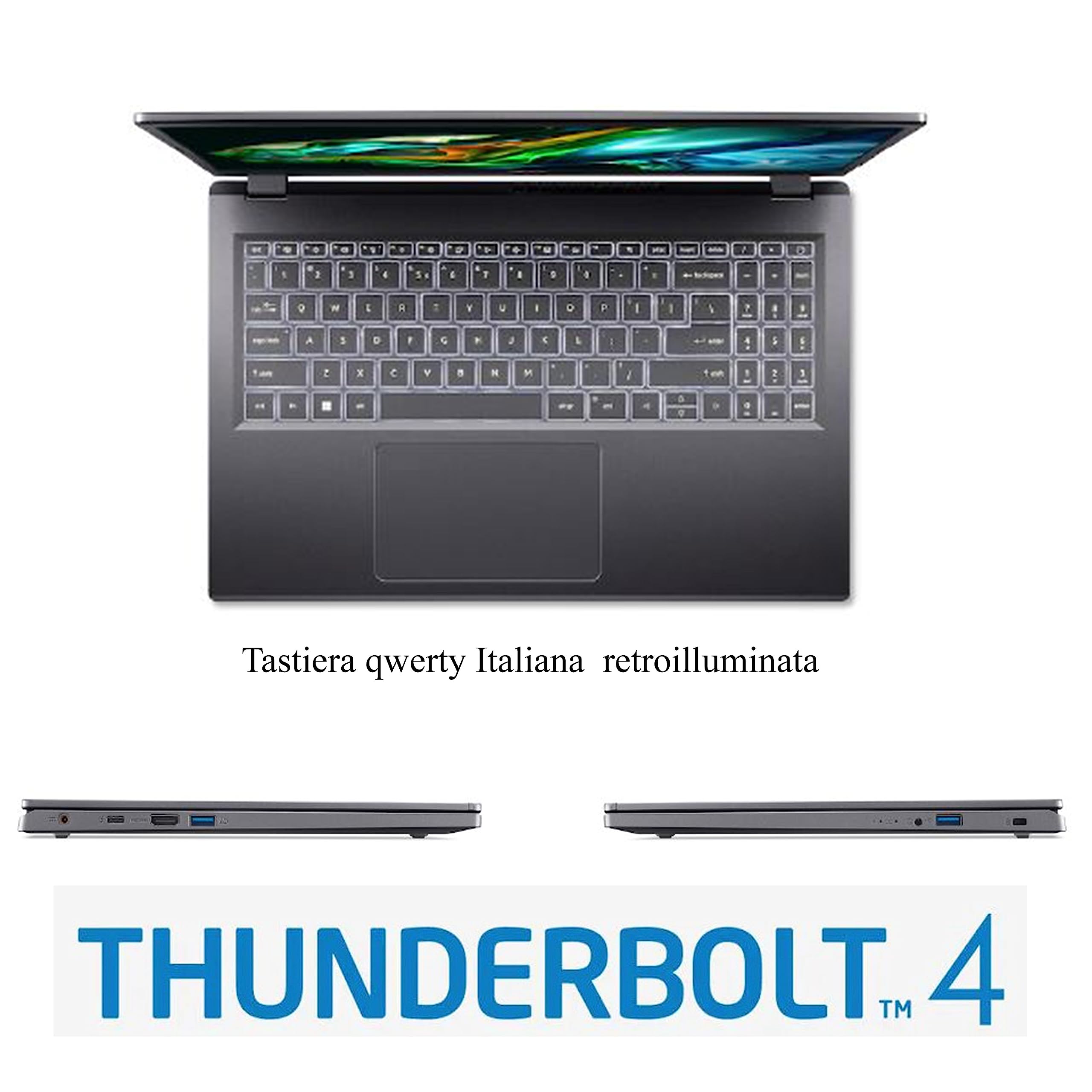 Acer, Pc portatile notebook, Core i5 13Th 10 Core, fino a 4,6 Ghz, Ram 32 Gb DDR5, SSD PCI 512 Gb, Display 15,6" FHD, Win 11 Pro, Tastiera retroilluminata, Preconfigurato, garanzia Italia