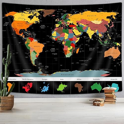 Miniatura 3 de Xguatan Tapiz de mapa del mundo para niños y estudiantes, mapa del mundo vintage, países educativos, ciudades, tapiz colgante de pared para aula,