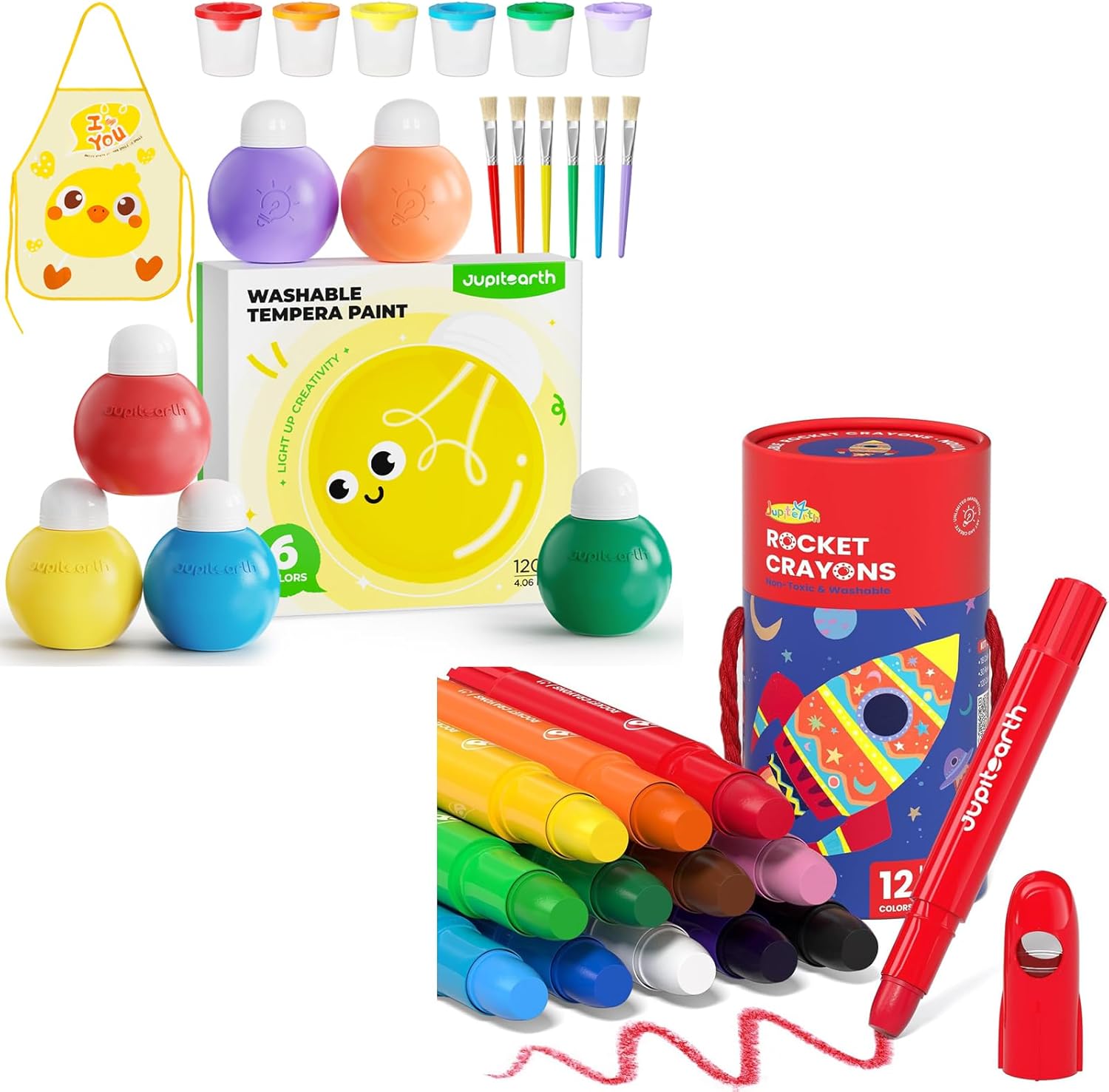 JUPITEARTH 12 Colors Twist Crayons for Toddlers 1-3 + 6 Colors Washable Tempera Paint Set, 4.06oz(120ml) Non Toxic Finger Paints for Toddlers and Kids