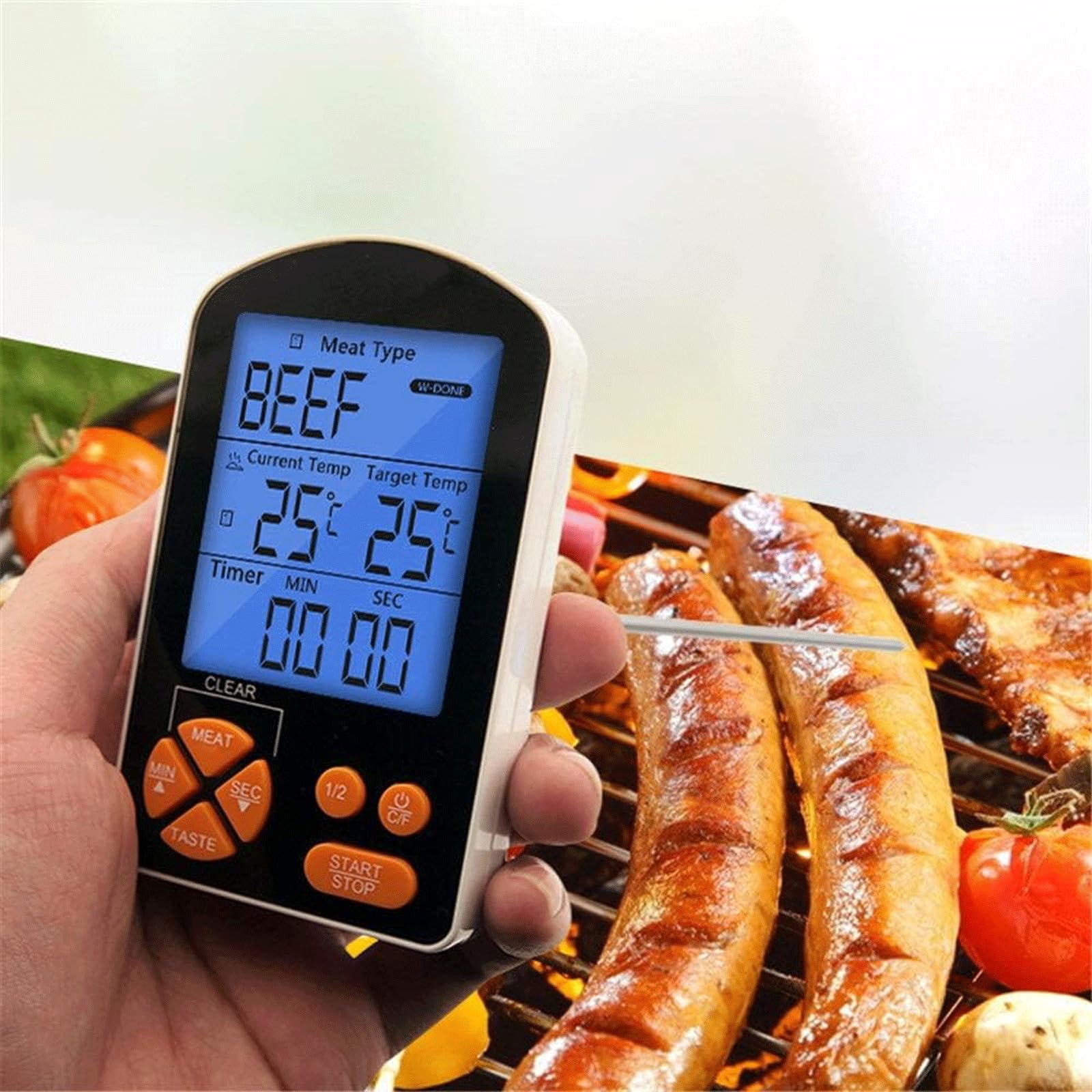 Fleischthermometer Hintergrundbeleuchtungsthermometer mit Timing-Alarmfunktion, Lebensmittelofenthermometer, Doppelsonde Lebensmittelthermometer
