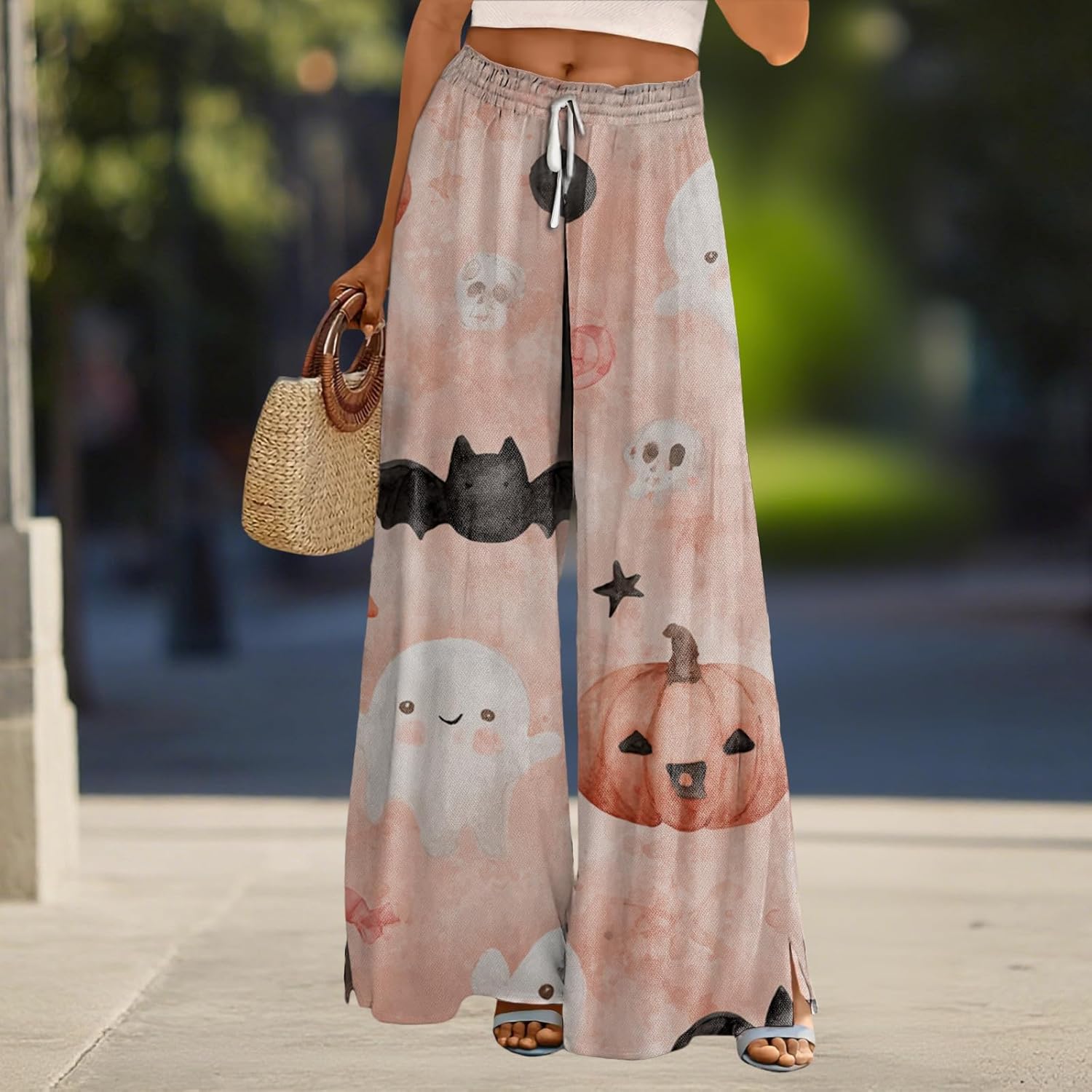 Halloween Pants Women Drawstring Elastic Waist Wide Leg Pants Ladies Pumpkin Ghost Pajama Vintage Street Wear - Image 2