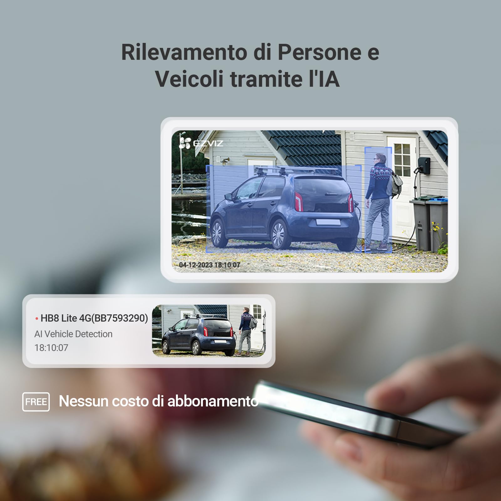 EZVIZ HB8 Lite 4G Telecamera Wi-Fi Esterno Senza Fili con Pannello Solare, Risoluzione 2K+, Scheda SIM Inclusa, Connettività 4G LTE & Wi-Fi 6, Modalità AOV, Rilevamento Umano/Veicoli, PTZ 360°
