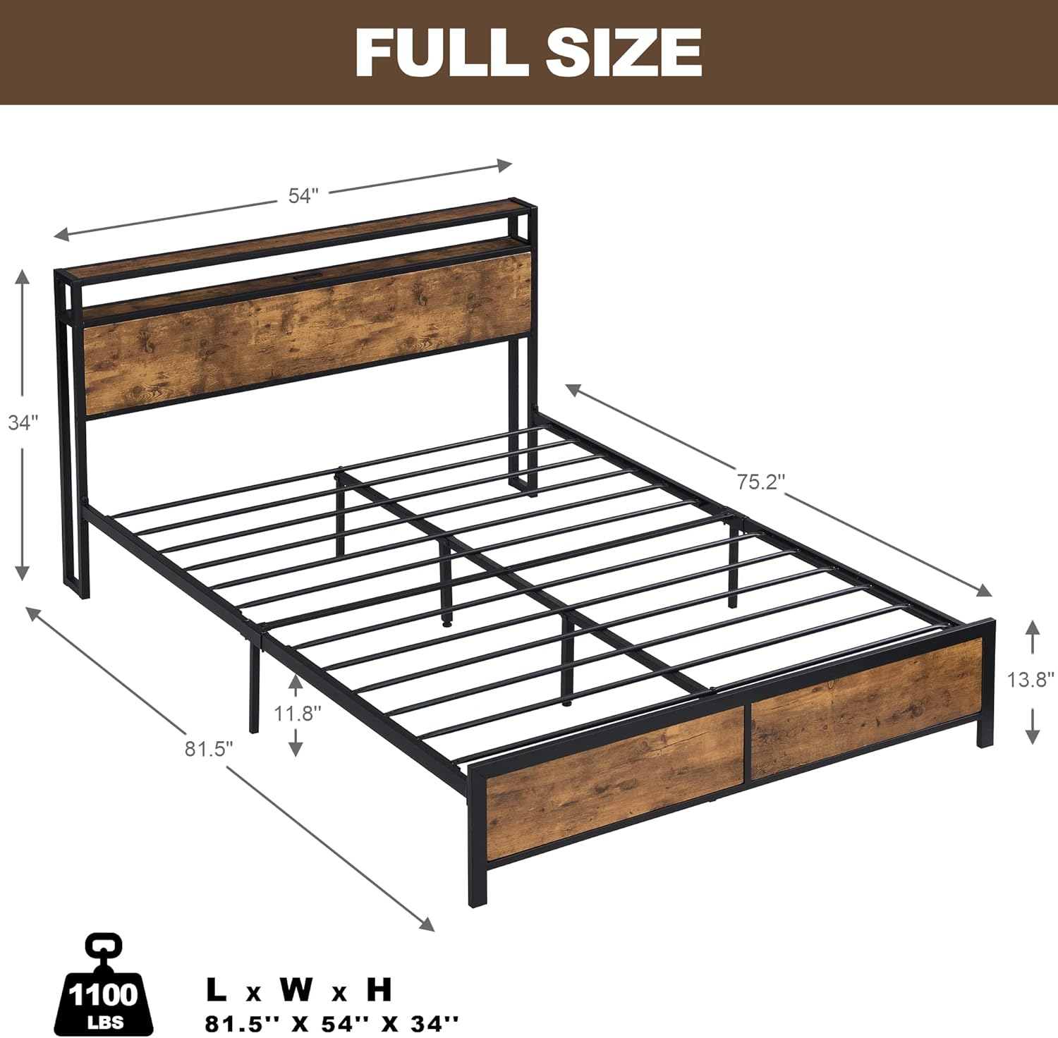 Diagram showing the full size bed frame dimensions: 81.5 inches L x 54 inches W x 34 inches H, with a weight capacity of 1100 lbs.