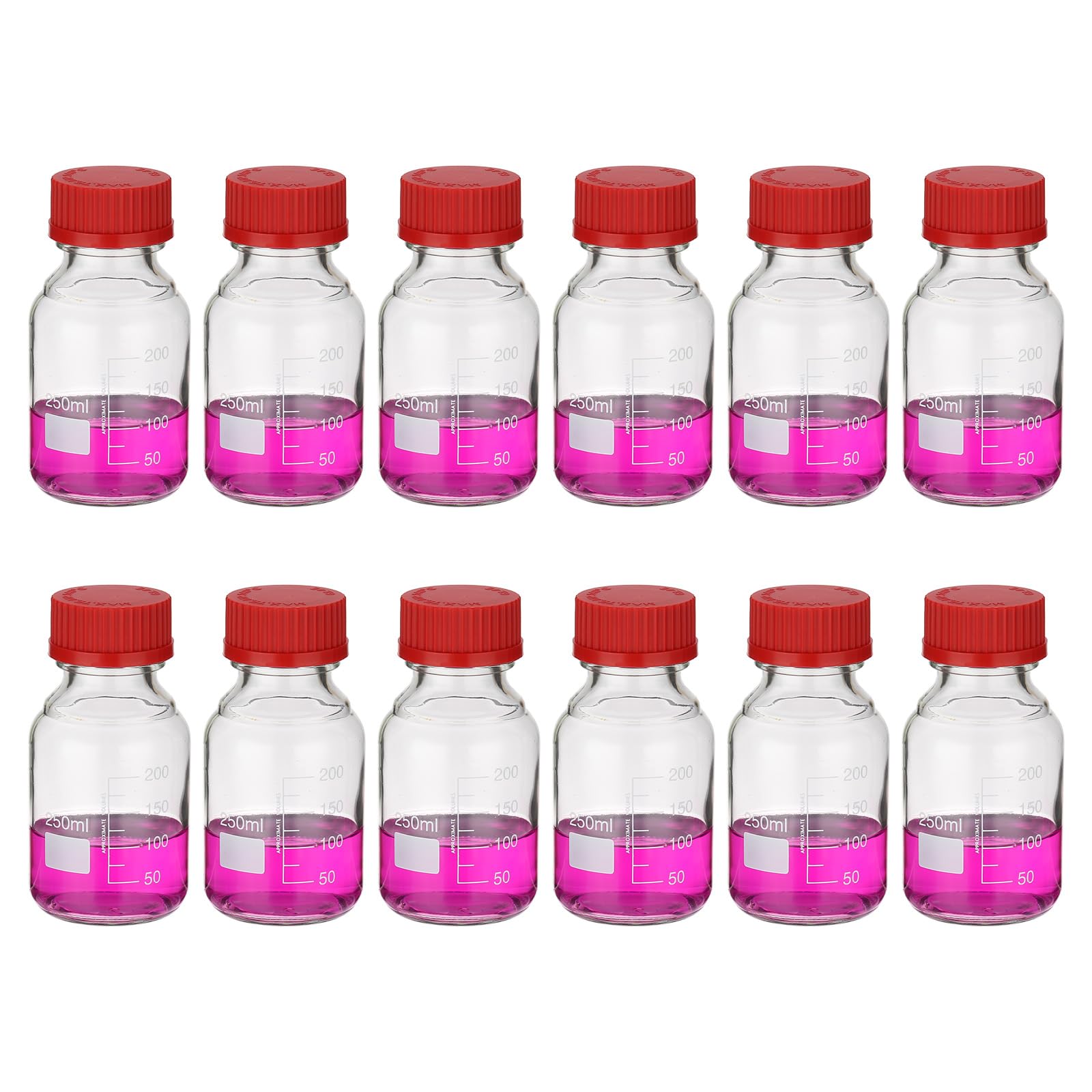 PATIKIL 12 Piezas Frascos De Almacenamiento Para Medios Reactivos, 250ml Frascos Redondos Graduados De Vidrio Borosilicato Con Tapa Roja GL32 Para Líquidos Reactivos De Agua En.