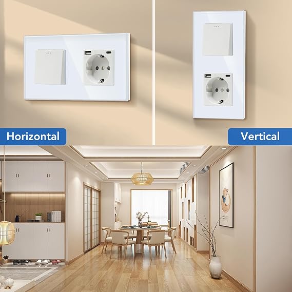 BSEED Light Switch with Socket Single 2-Way Wall Switch with 16 A Schuko Socket with USB Connection (max. 2.1A) Type C Port White Physical Flush-Mounted Toggle Switch with Socket 157 mm