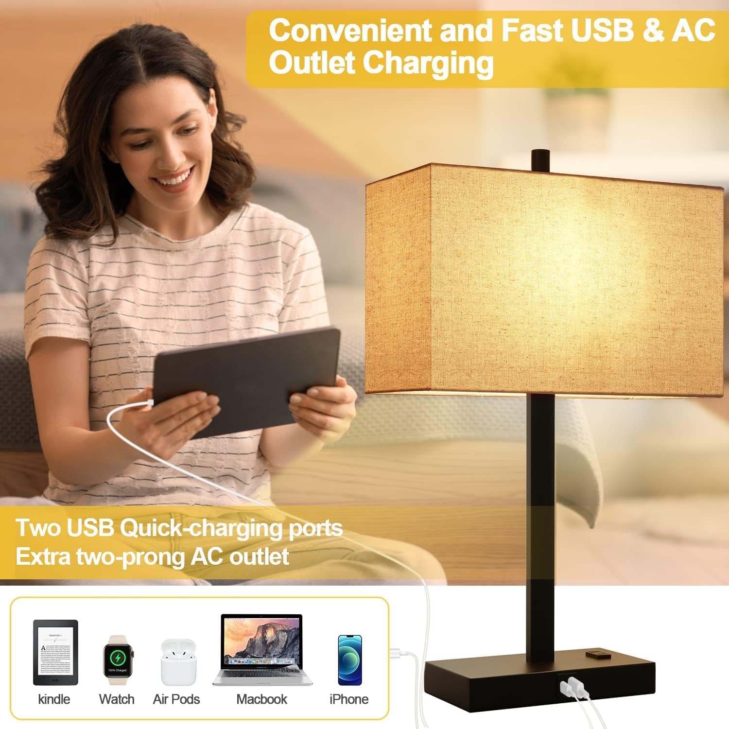 【Upgraded】Set of 2 Bedside Touch Control Table Lamp with USB A+C Charging Ports & AC Outlet, 3-Way Dimmable Nightstand Lamp with Fabric Shade for Bedroom Living Room, 2700K LED Bulbs Included
