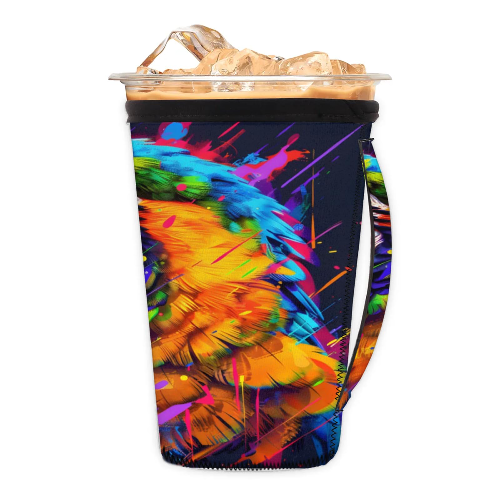 Pretty Watercolor Parrot Reusable Neoprene Coffee Sleeve with Handle Insulated Iced Coffee Cup Holder Reduces Condensation Fits 24-28 oz Cups M
