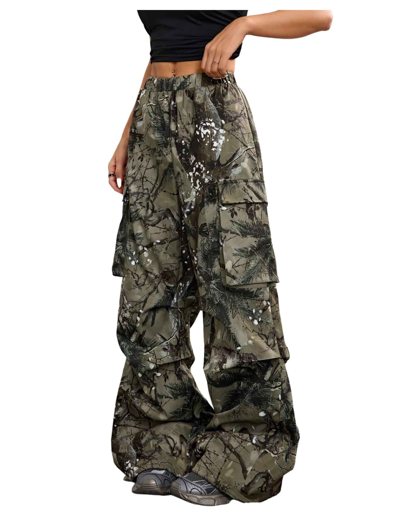 SOLY HUX Girl's Camo Print Wide Leg Baggy Cargo Pants | Elastic Waist, with Pockets, Y2k, Track Pants for Girls, Size 10-12