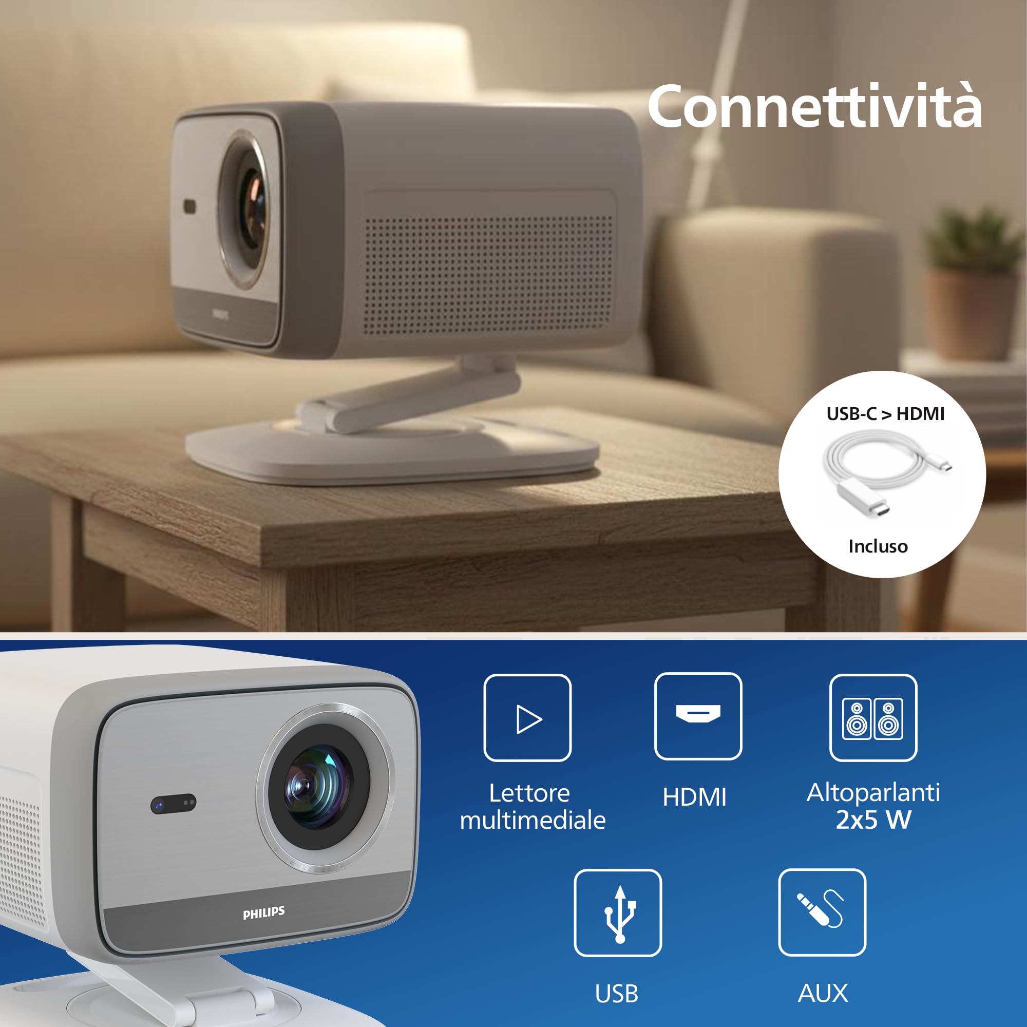 Philips Neopix 444 Proiettore 4K Risoluzione nativa 1080p 500 Lumen ANSI Stereo Sound 10W Auto Focus Auto Keystone Cavo HDMI a USB-C Incluso Bianco