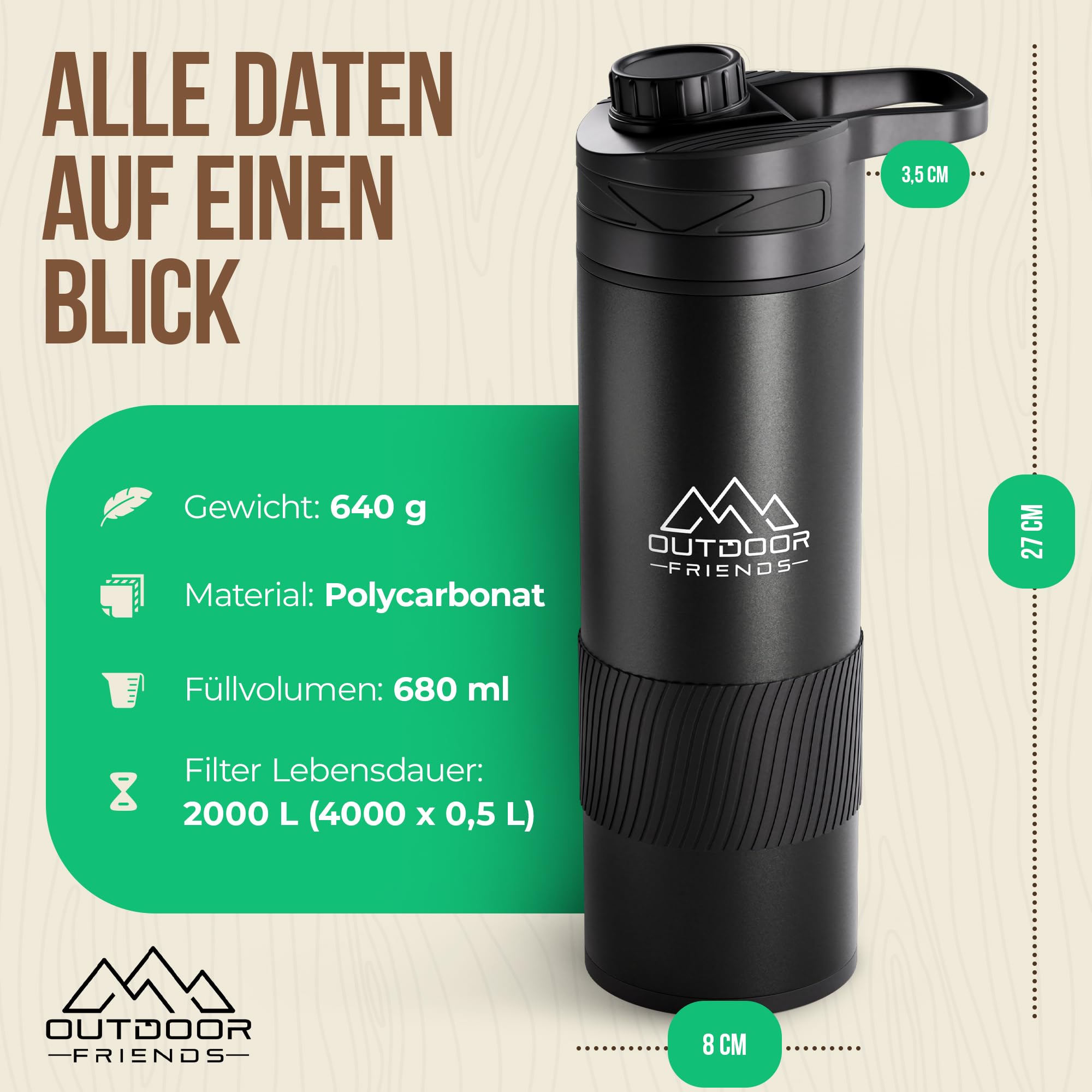OutdoorFriends - Wasserfilter Outdoor Survival - Wasserfilter Flasche - Trinkflasche mit Filter - Wasseraufbereiter Trinkwasser [EasyPress] 0,01 µm 2000L Filterkapazität entfernt 99,9% Bakterien