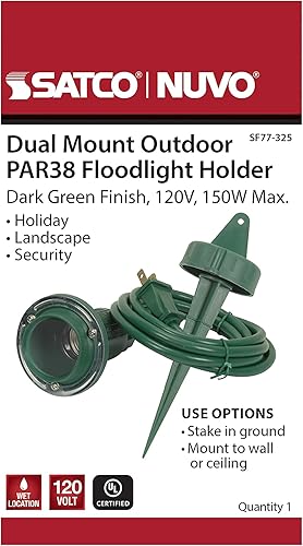 Miniatura 2 de Satco SF77/325 - Soporte para luz de inundación PAR38 para exteriores con placa redonda para montaje doble y estaca de tierra, verde