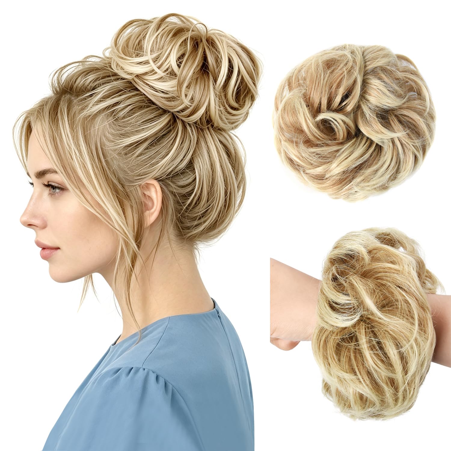 1 Stück synthetisch Dutt Haarteil Haargummi mit Haaren Schmutziges Blond | Messy Bun Haarteil Hochsteckfrisuren und Pferdeschwanz für Frauen