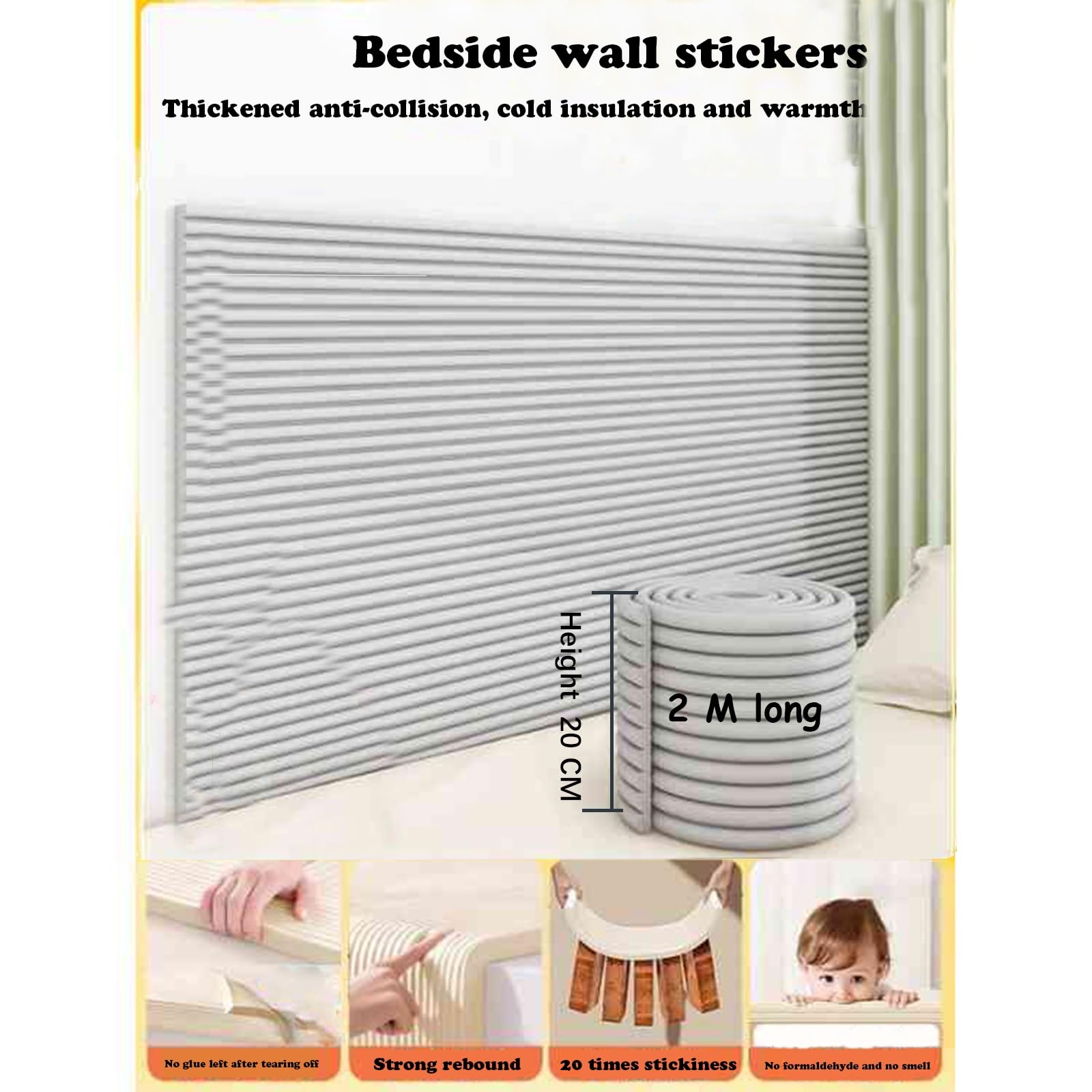 Pannelli Decorativi per Pareti, Adesivi da Parete Anti-Collisione per Bambini, 200 x 20 cm Pannello Imbottito Parete, Tieniti al Caldo/Insonorizzazione Cuscino Testiera(Light Gray,6 PCS)