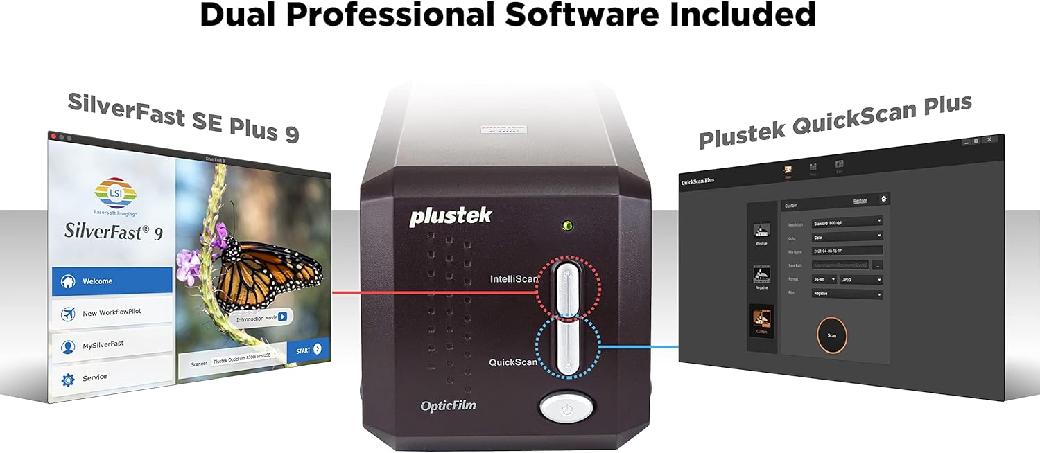 Plustek OpticFilm 8300i SE - 35mm Negative Film Stripe & Slide Scanner with 38% scan Speed Increase, Bundle SilverFast SE Plus 9 + QuickScan Plus, Support Mac and Windows.