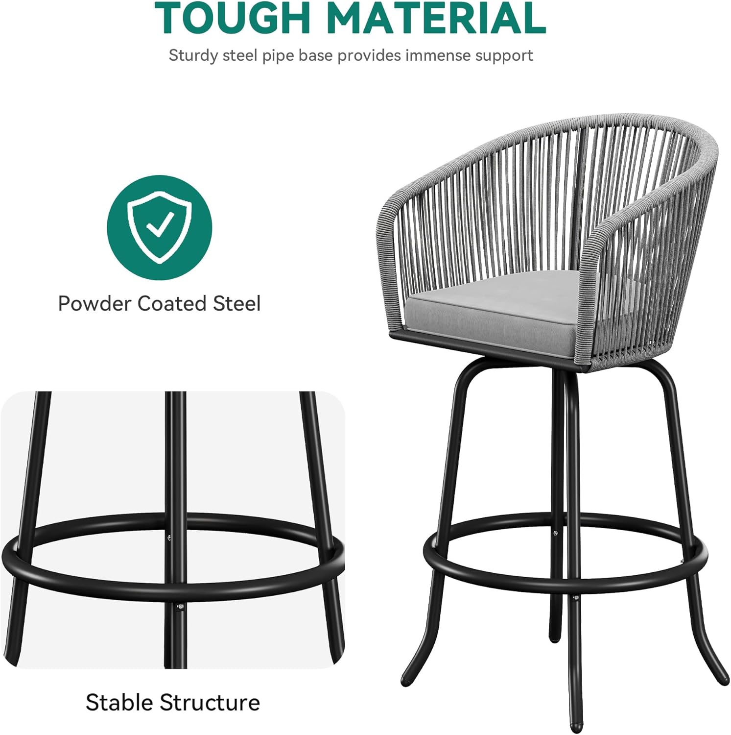 YITAHOME Counter Height Bar Stools Set of 2, Outdoor Bar Stools with Soft Cushions, Patio Rattan Swivel Bar Chairs for Backyard Poolside, Garden w /360 Rotation (Gray)