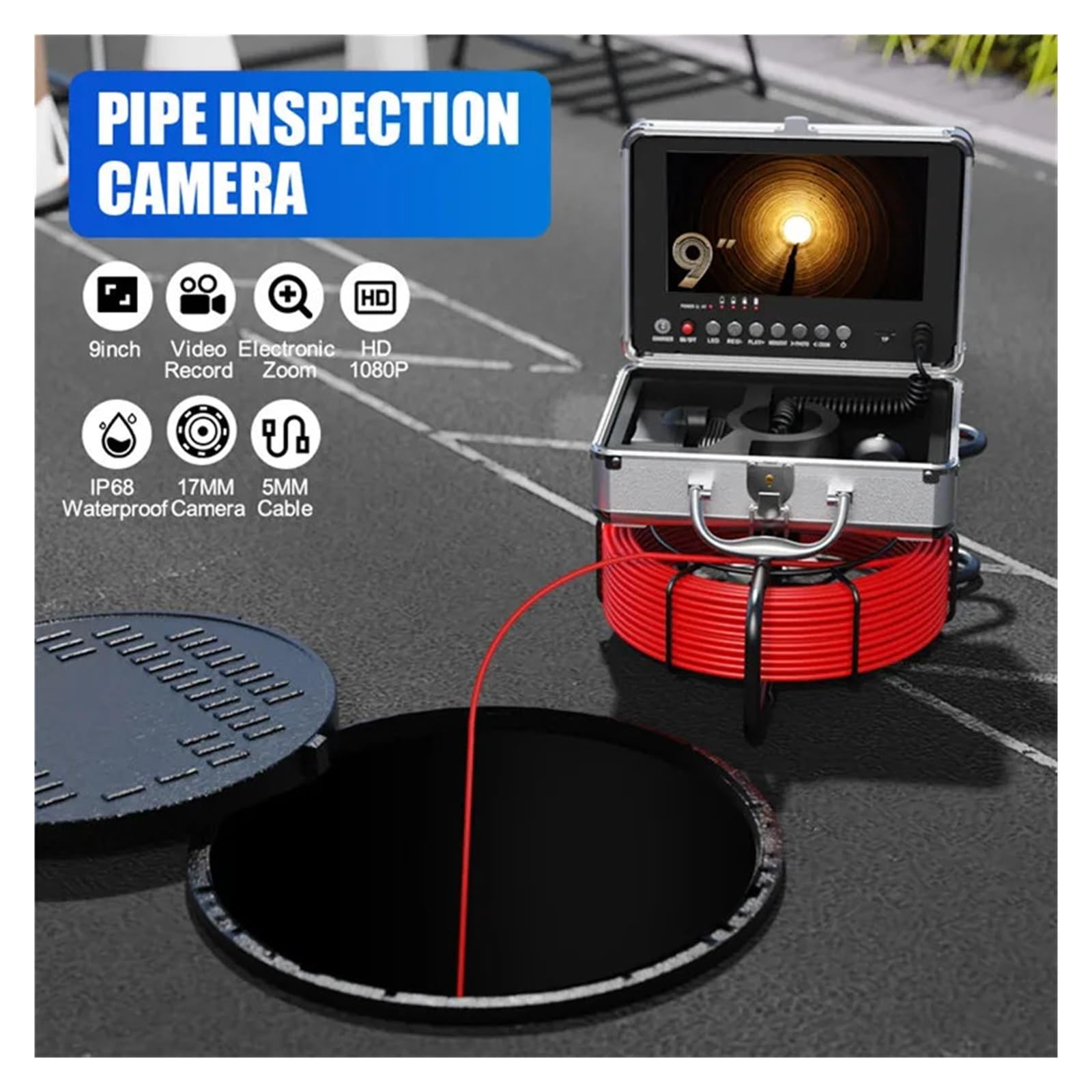 Funkcja Nagrywania DVR 9" Monitor Kamera Inspekcyjna Rur Kanalizacyjnych IP68 Rurociągi Kanalizacyjne Przemysłowy Endoskop 17MM 1080P Dobra Jakość Obrazu(50m)