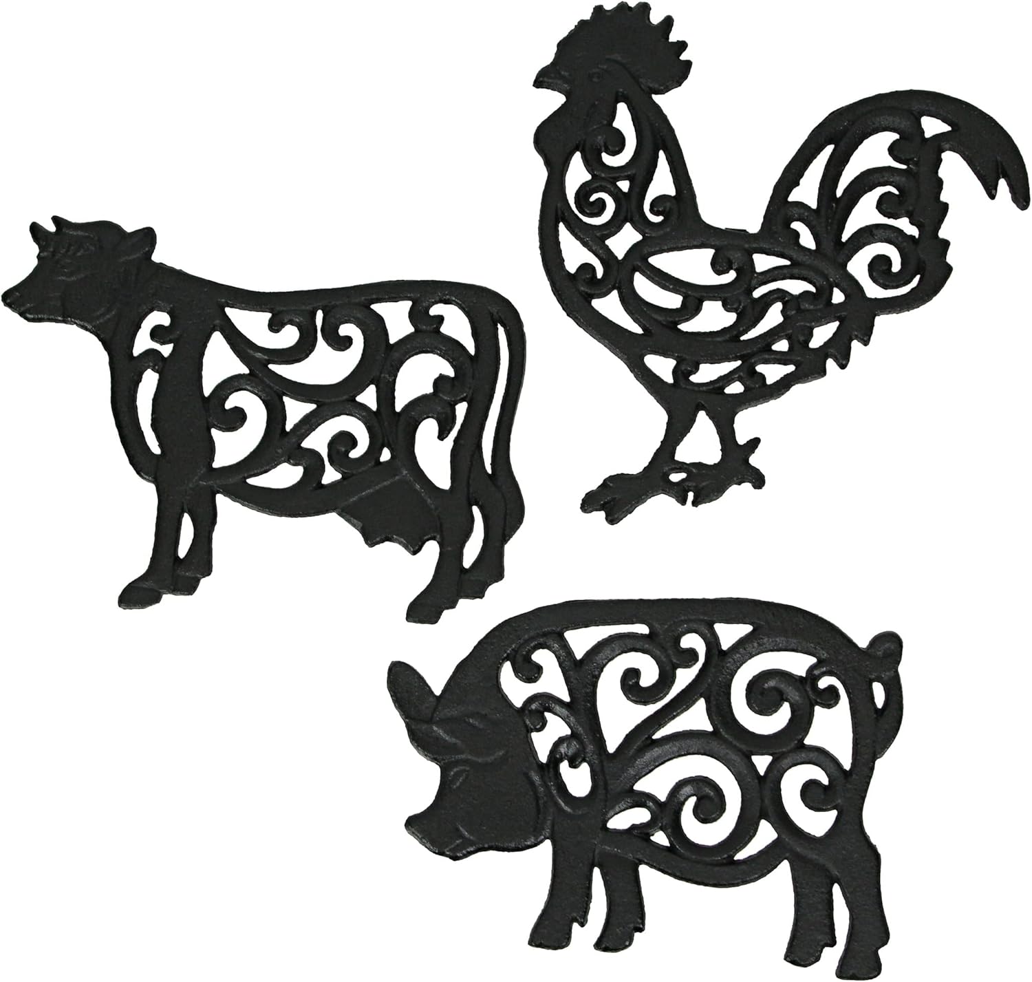 Set of 3 Black Cast Iron Farm Animal Kitchen Decor Trivets - Rooster, Pig and Cow - Decorative Wall Hanging Art - 9 Inch - Farmhouse Table Accents