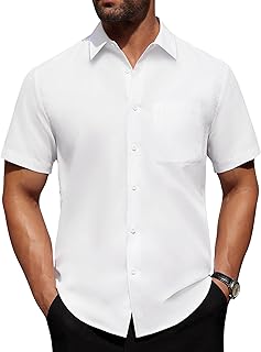 Mens Short Sleeve Dress Shirt Wrinkle Free Solid Casual Button Down Shirts for Summer Business Wedding