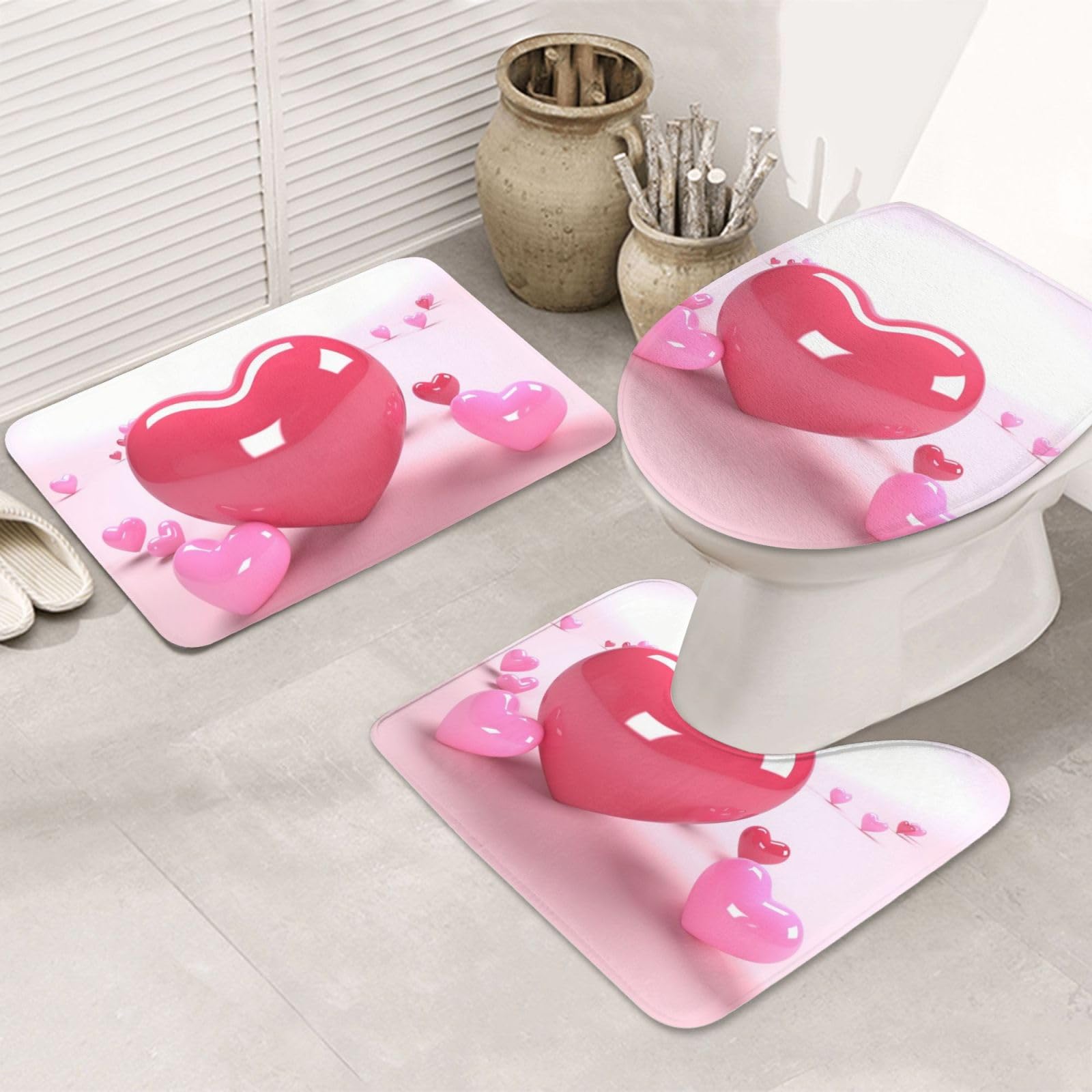 Tapis de salle de bain en U lot de 3 absorbants et antidérapants motif cœur rose